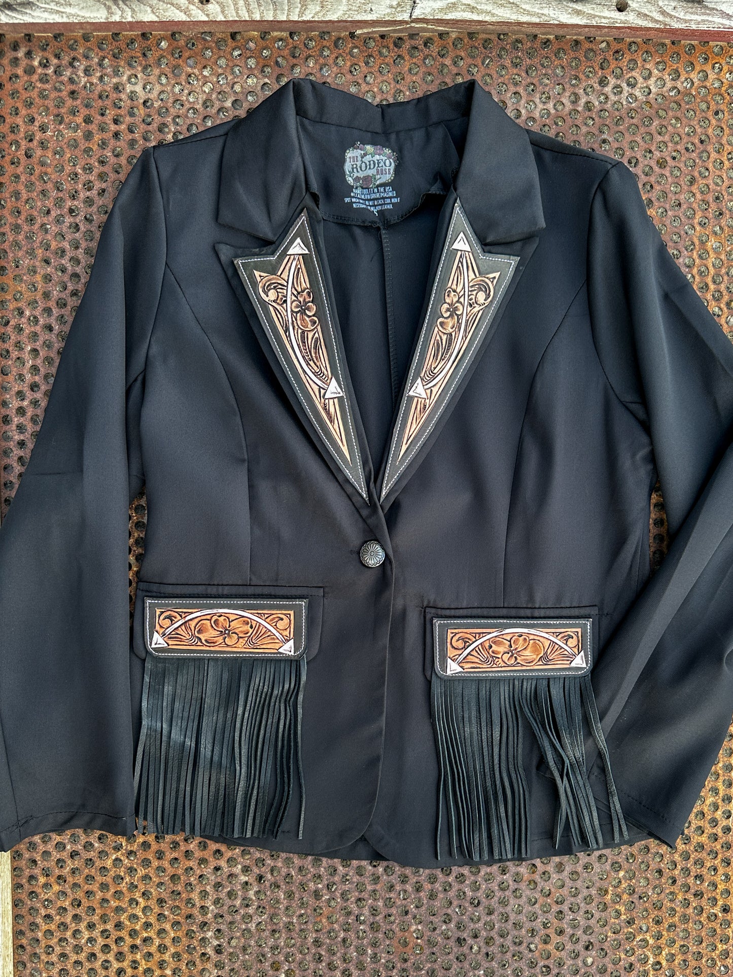 Arrow hand tooled lapel blazer with fringe in black
