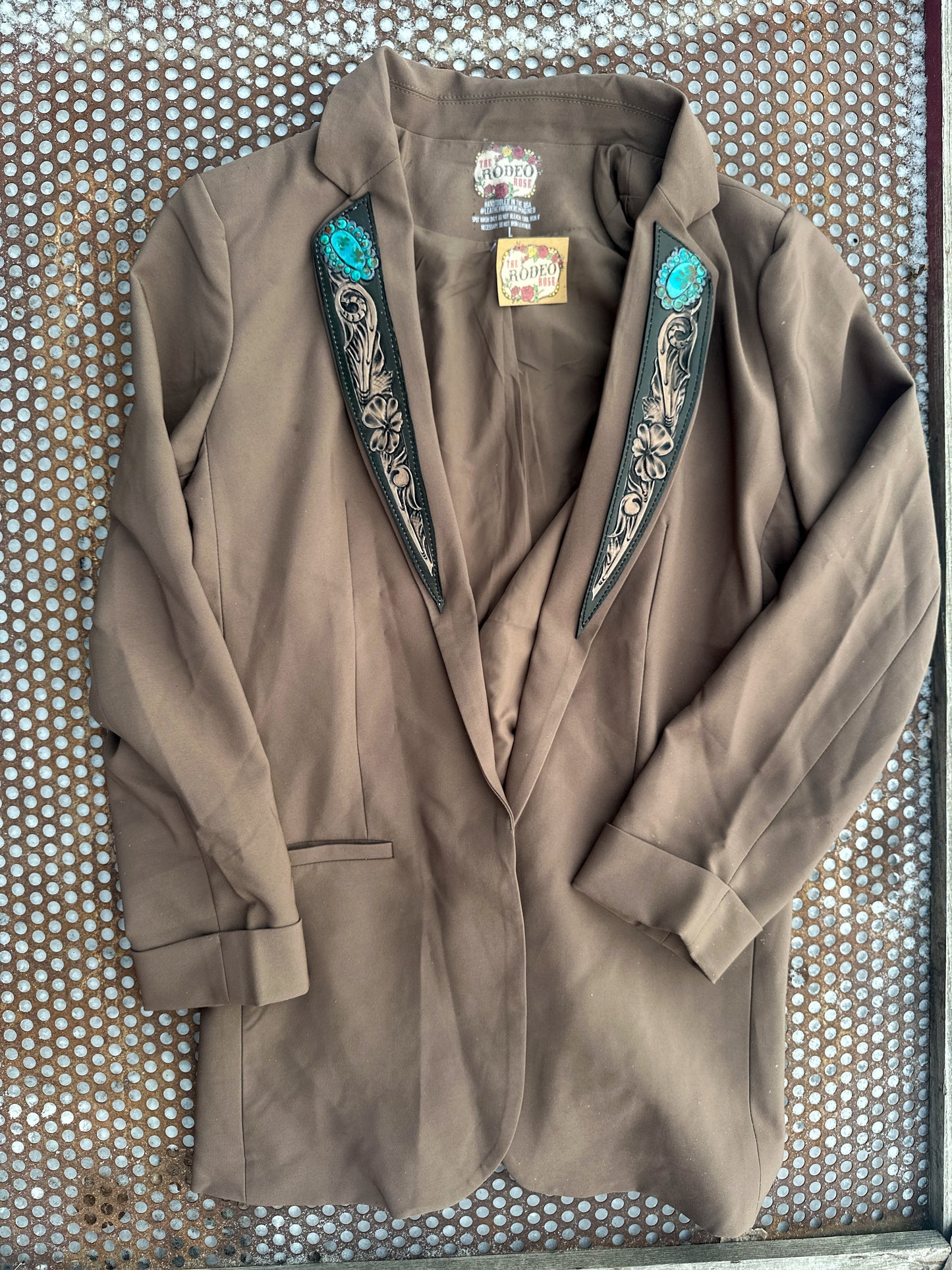 Taupe hand tooled leather lapel blazer with turquoise