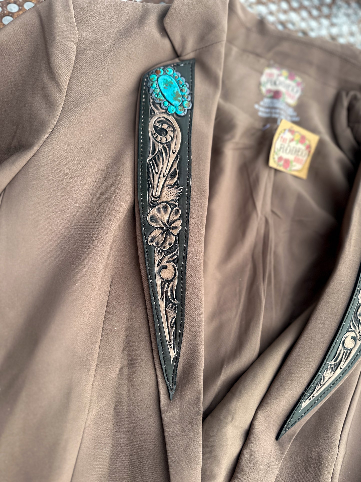 Taupe hand tooled leather lapel blazer with turquoise