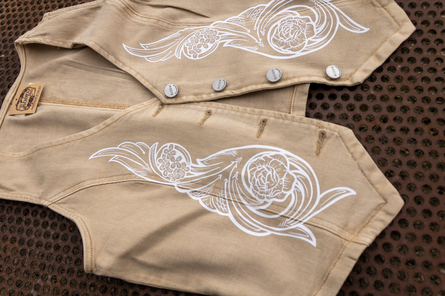 Hand Tooled Floral Scroll Pattern Printed Vest in Tan