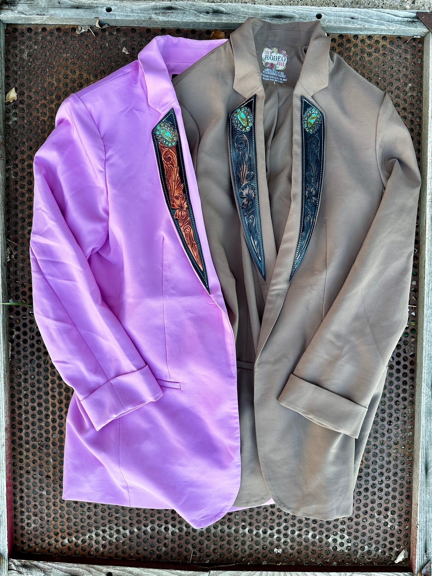 “Tough enough to wear PINK” hand tooled lapel blazer with turquoise