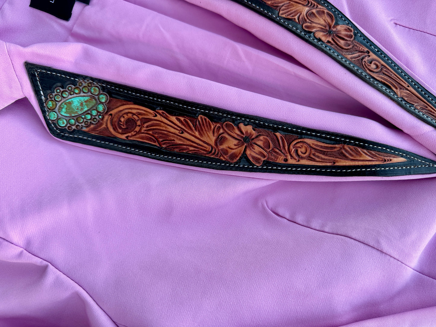 “Tough enough to wear PINK” hand tooled lapel blazer with turquoise