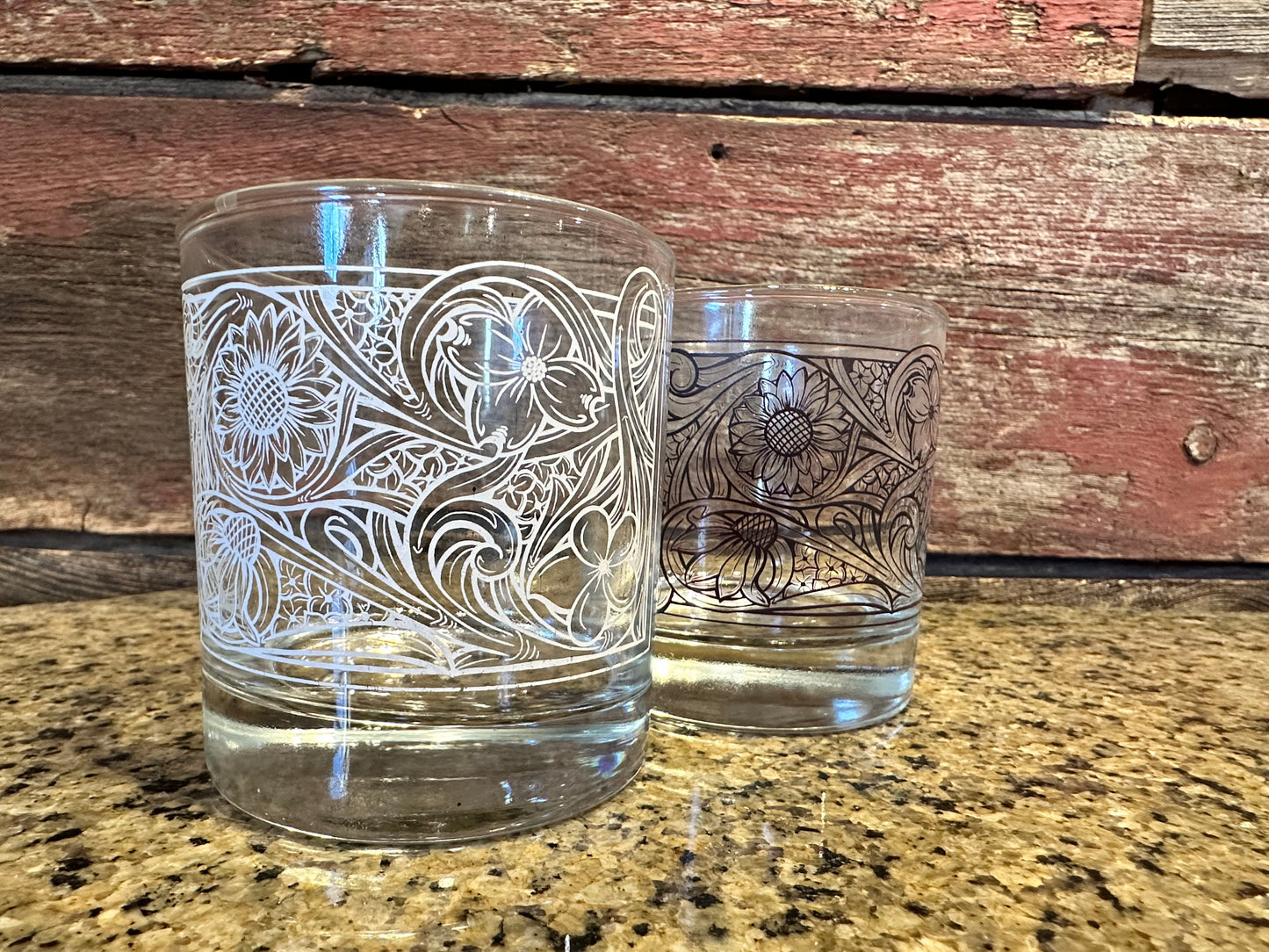 On the Rocks Glass 12 oz floral tooled design The Rodeo Rose