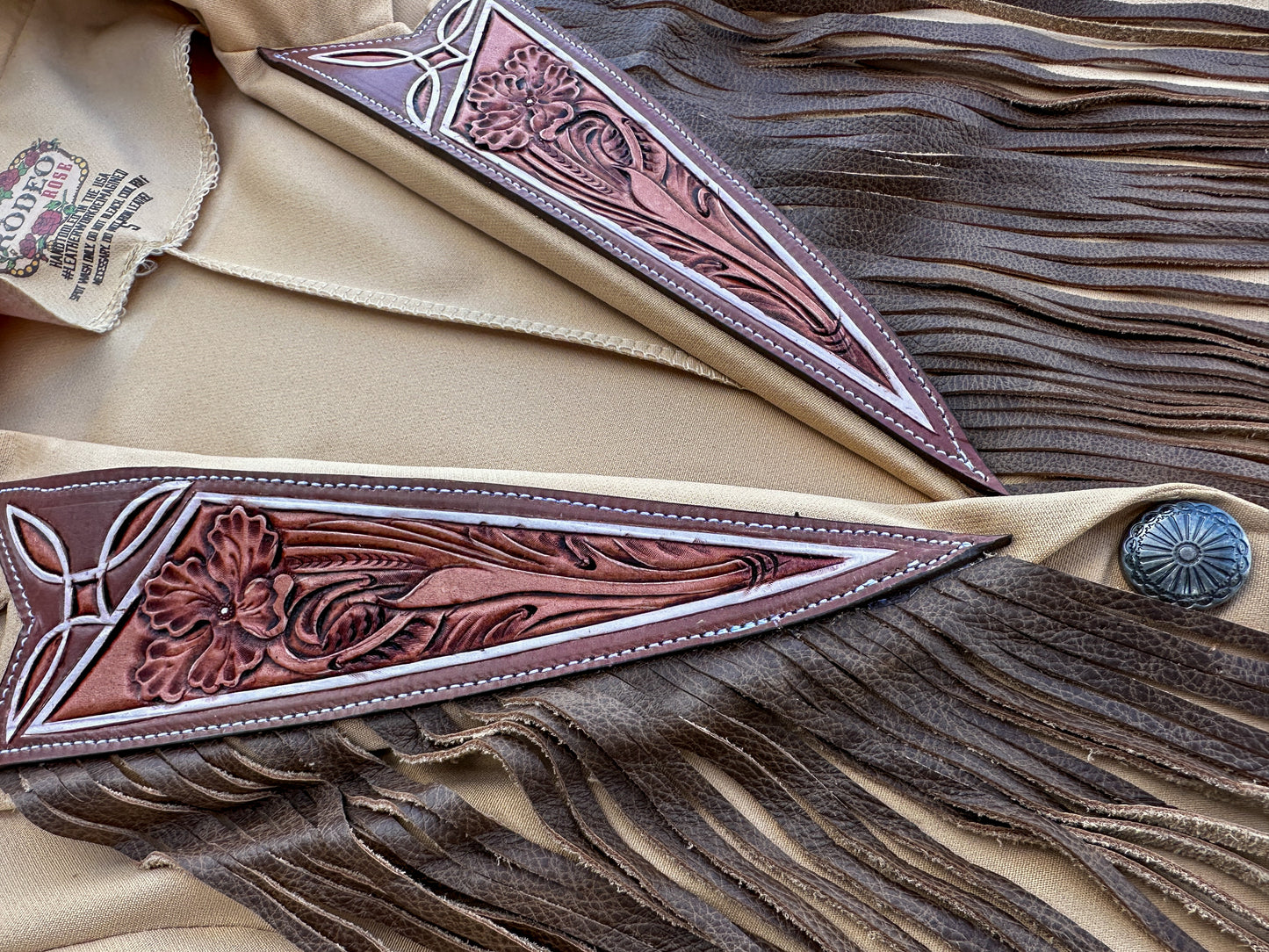 Boot stitch hand tooled lapel blazer with fringe in tan