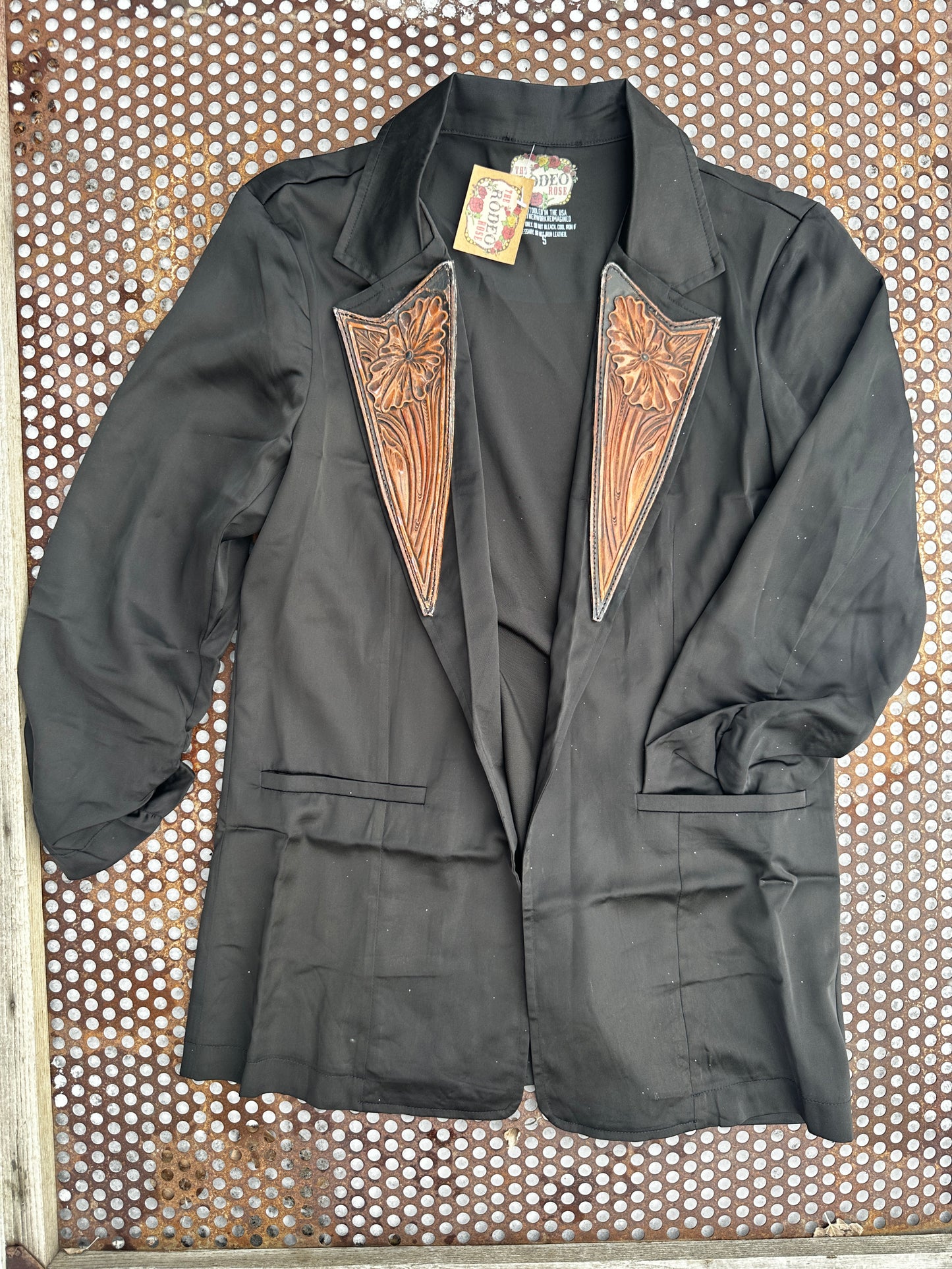 Hand tooled distressed lapel blazer in black satin