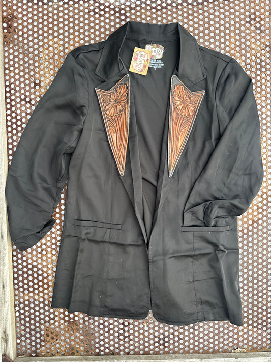 Hand tooled distressed lapel blazer in black satin