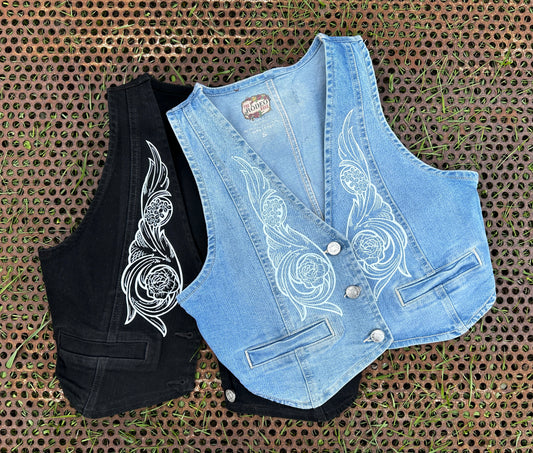 Cropped denim vest with hand tooled printed pattern