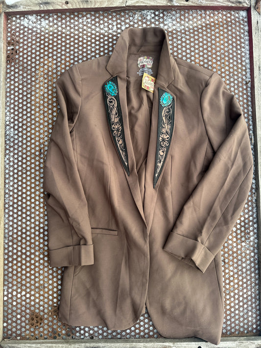 Taupe hand tooled leather lapel blazer with turquoise