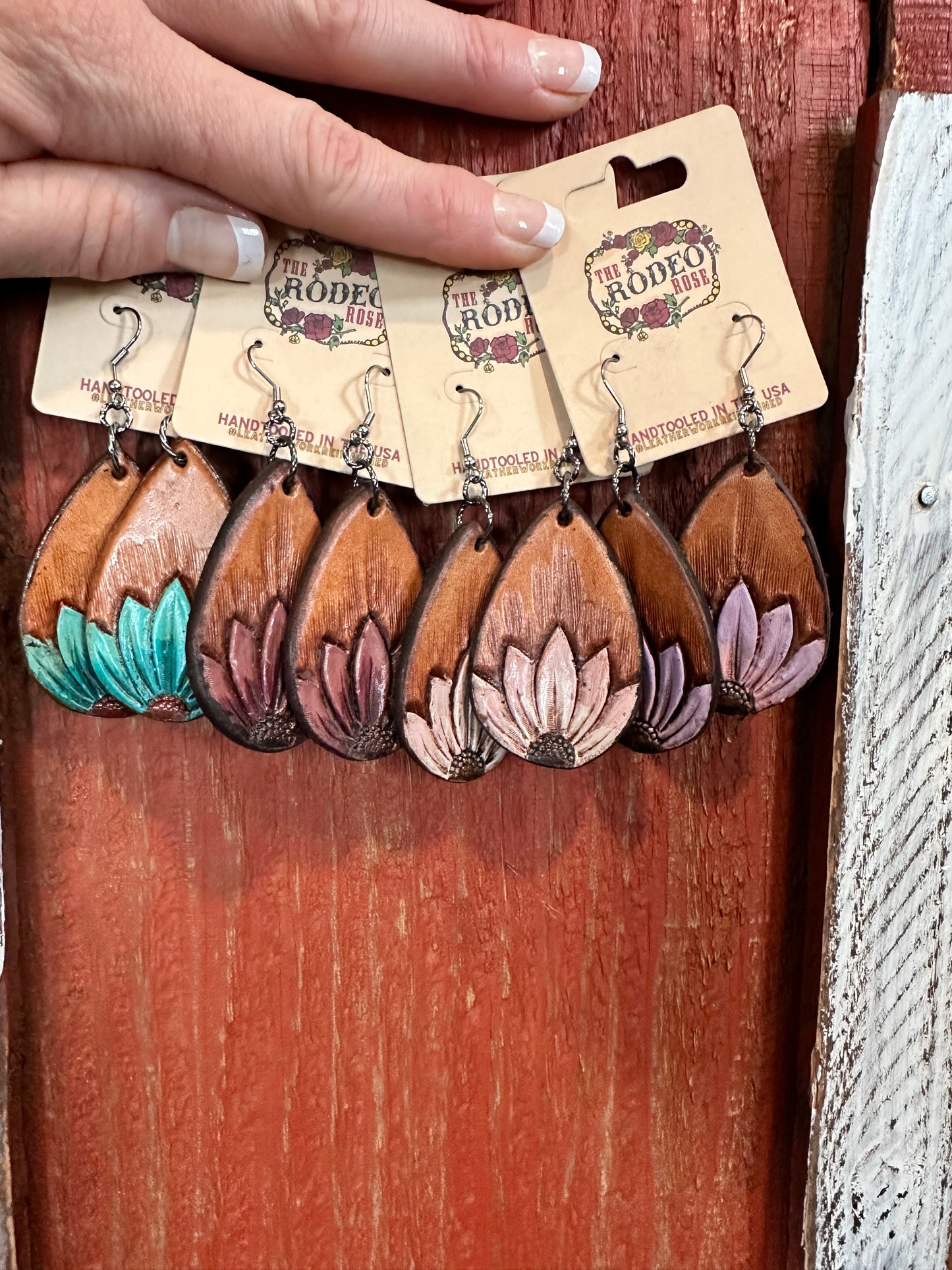 The Tad Handtooled Leather Earring in Spring Colors The Rodeo Rose