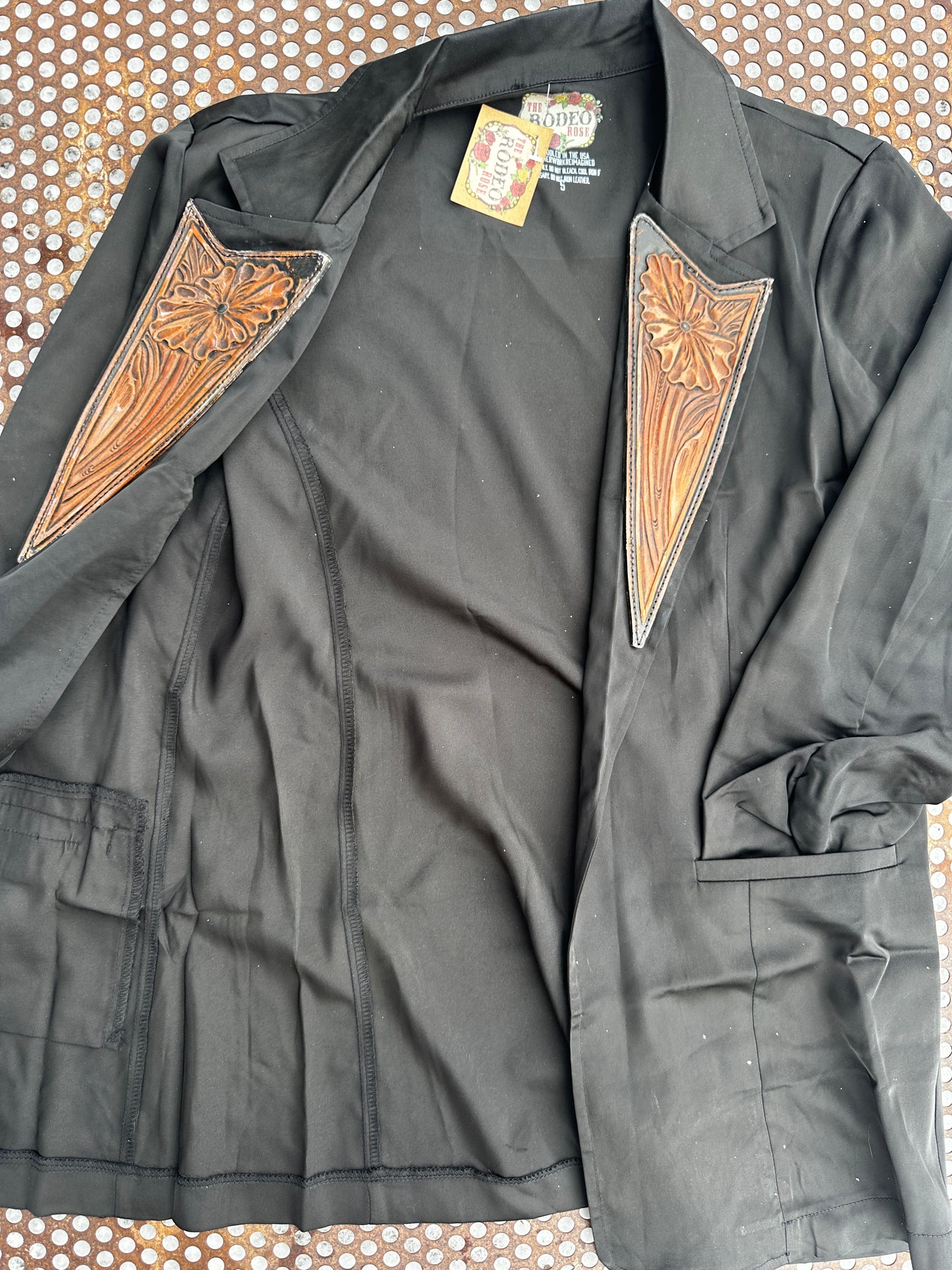Hand tooled distressed lapel blazer in black satin