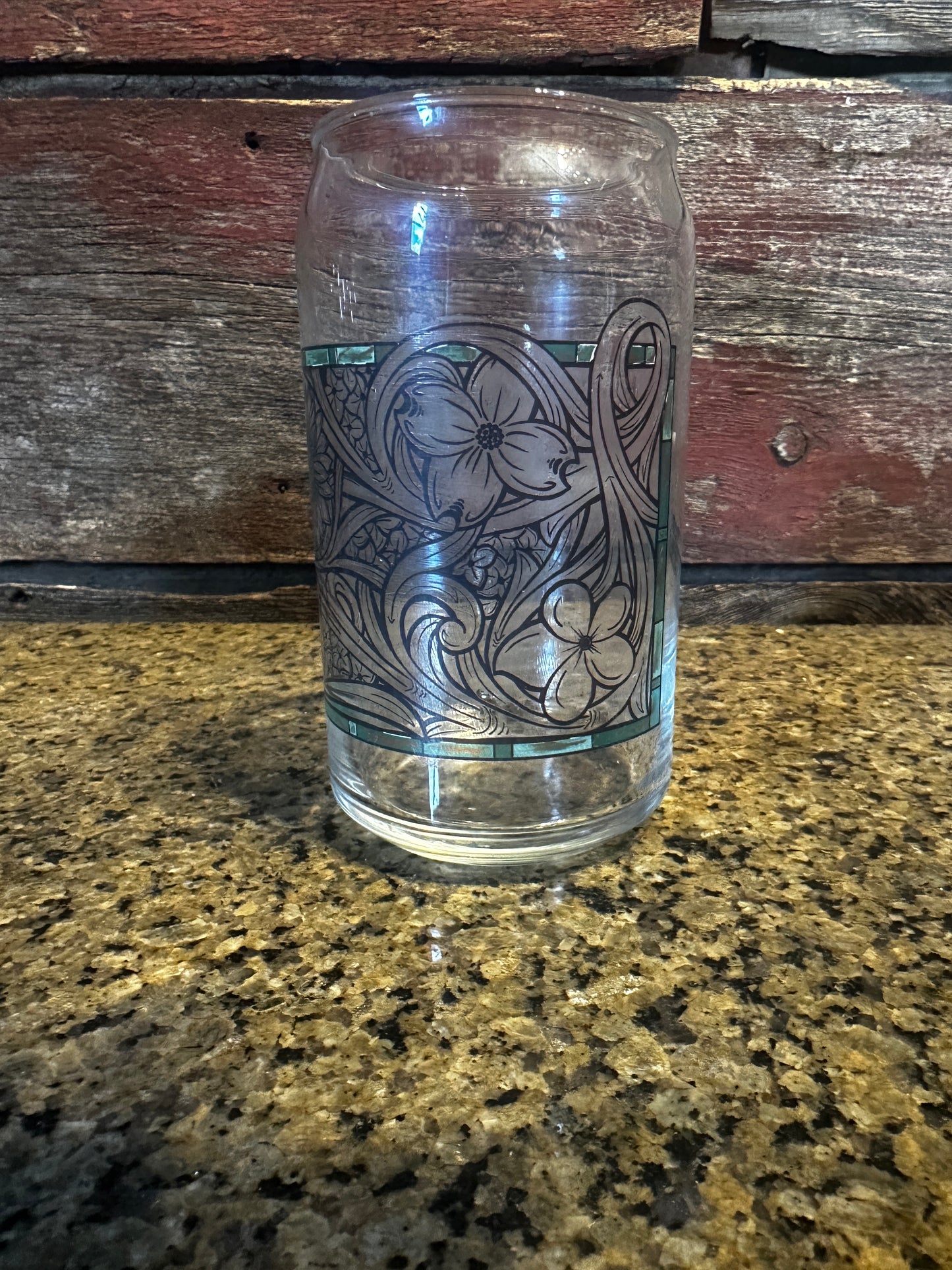 Can Glass Floral Leather Tooled