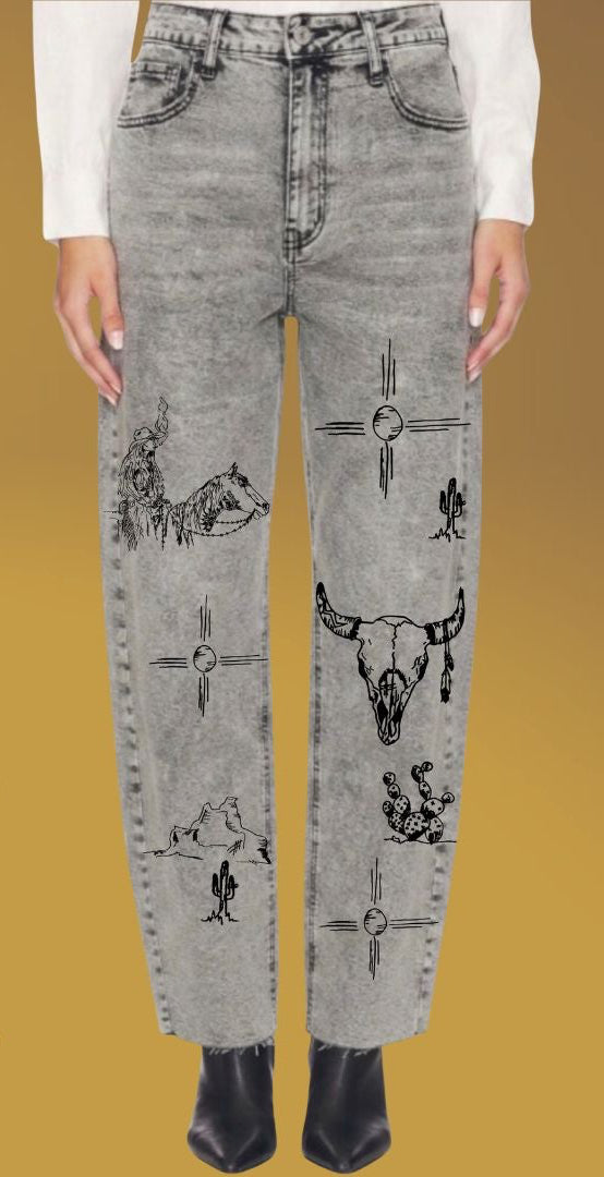 Indian Graffiti Barrel Jeans