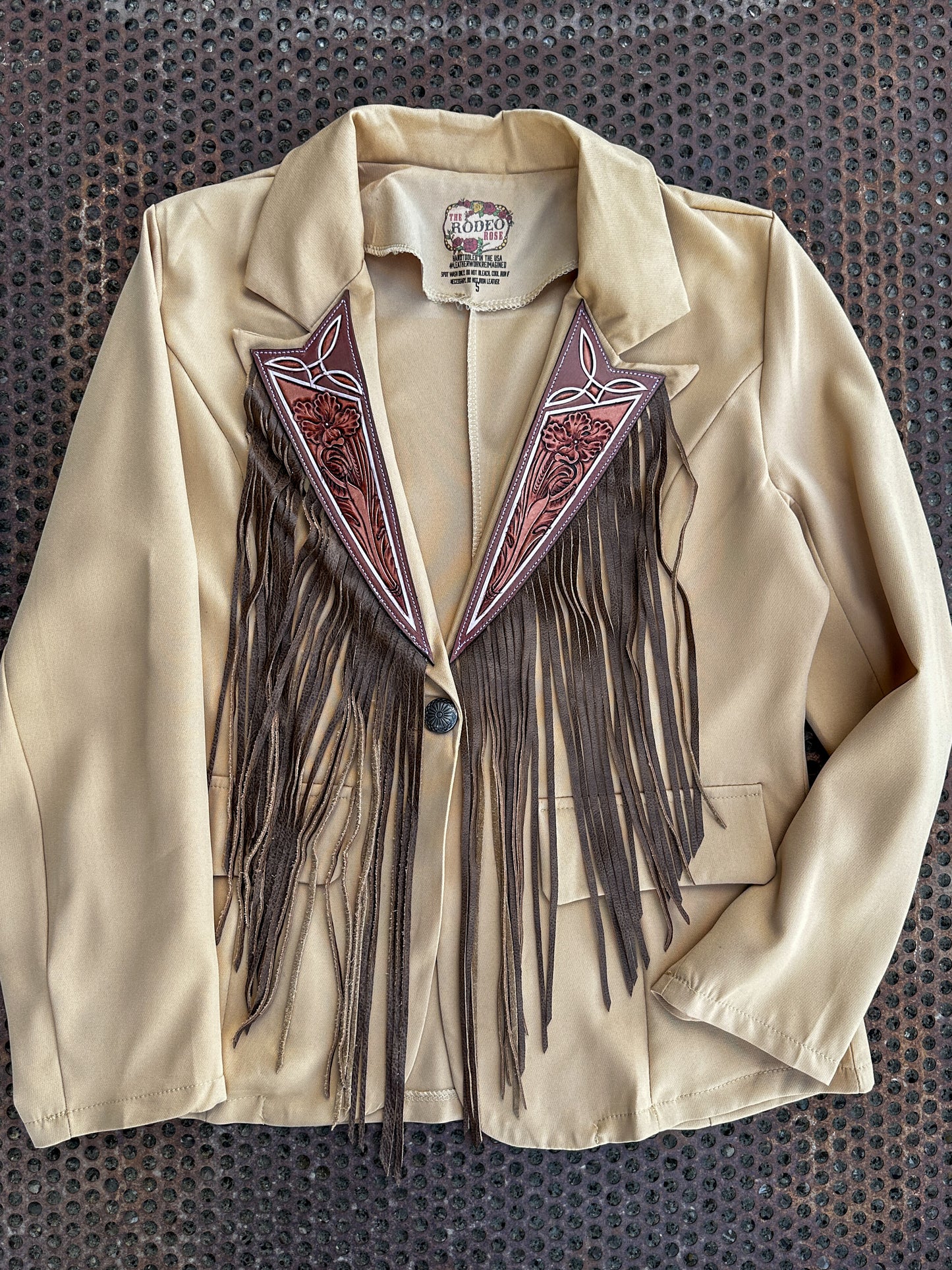 Boot stitch hand tooled lapel blazer with fringe in tan