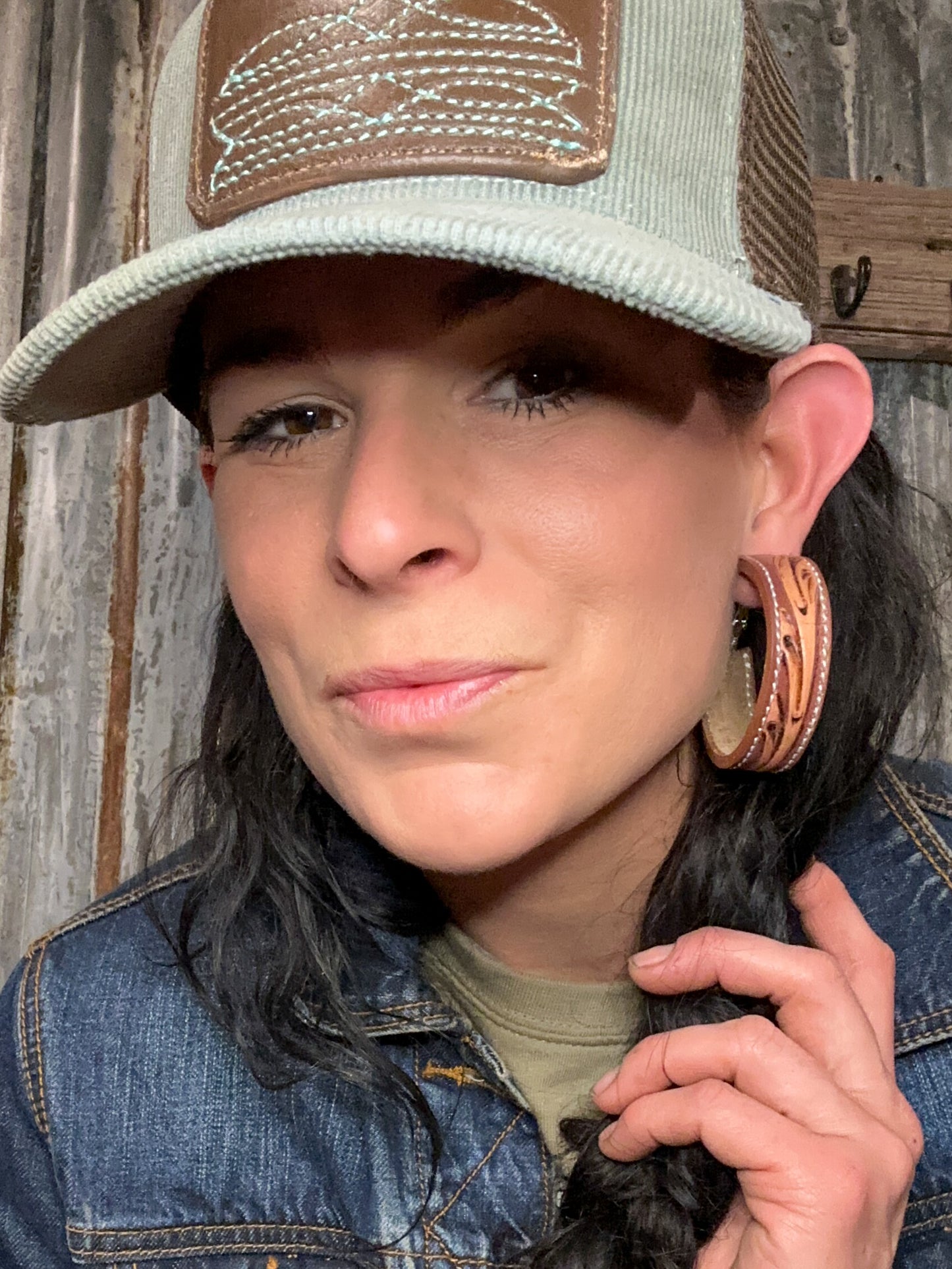 Tooled Leather Vera Hoop Earrings Large