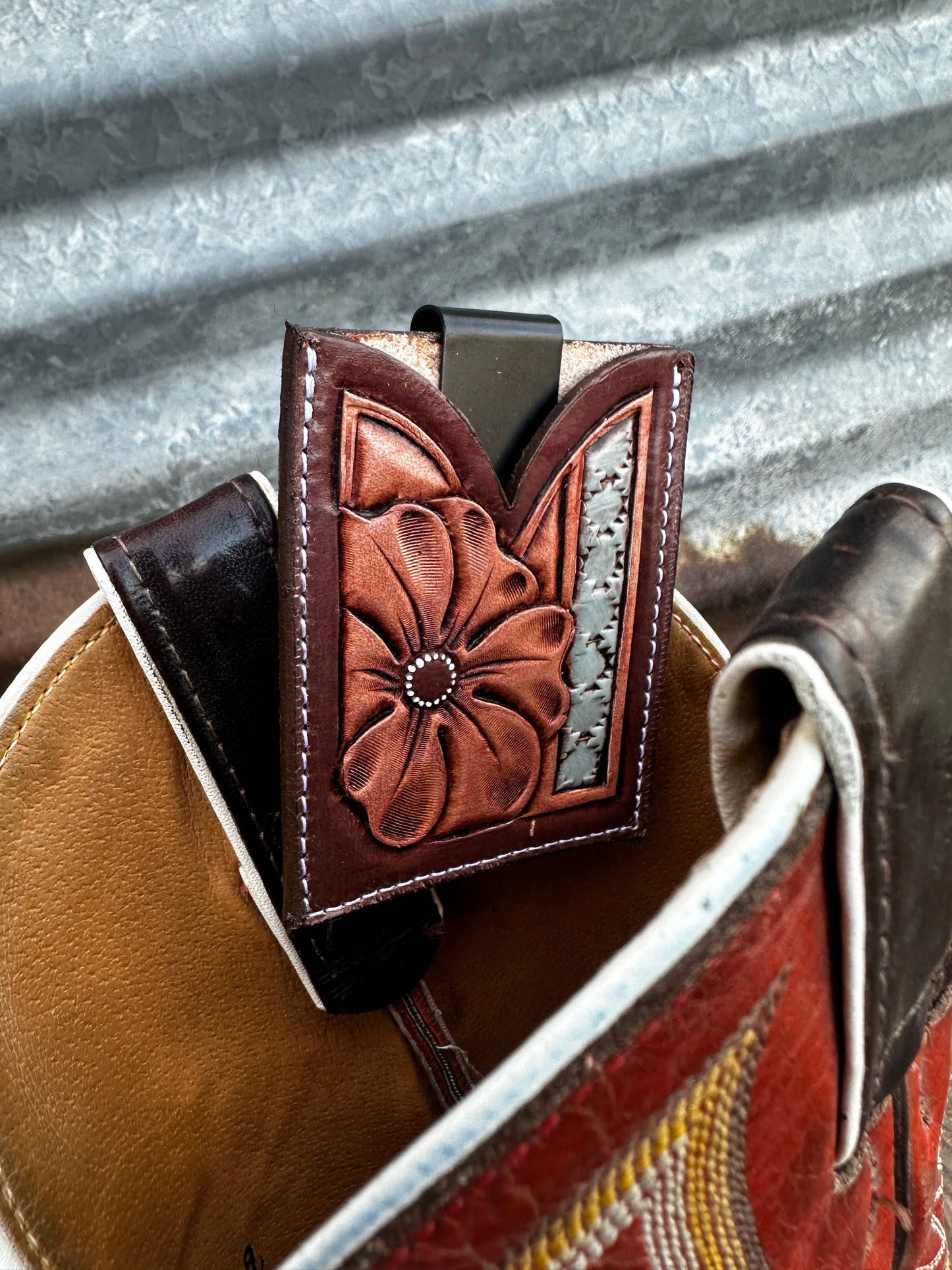 Hand Tooled Leather Boot Wallet with Flower and Southwest Bar