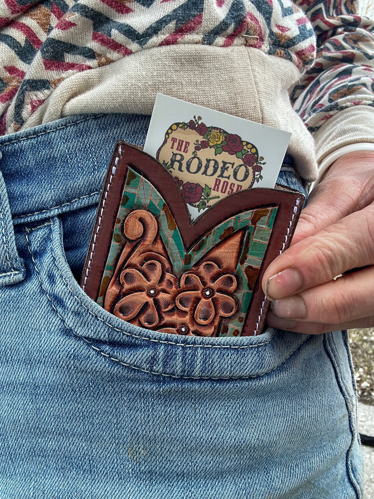 Front Pocket Hand Tooled Leather Wallet with Petite Flowers and Turquoise Border