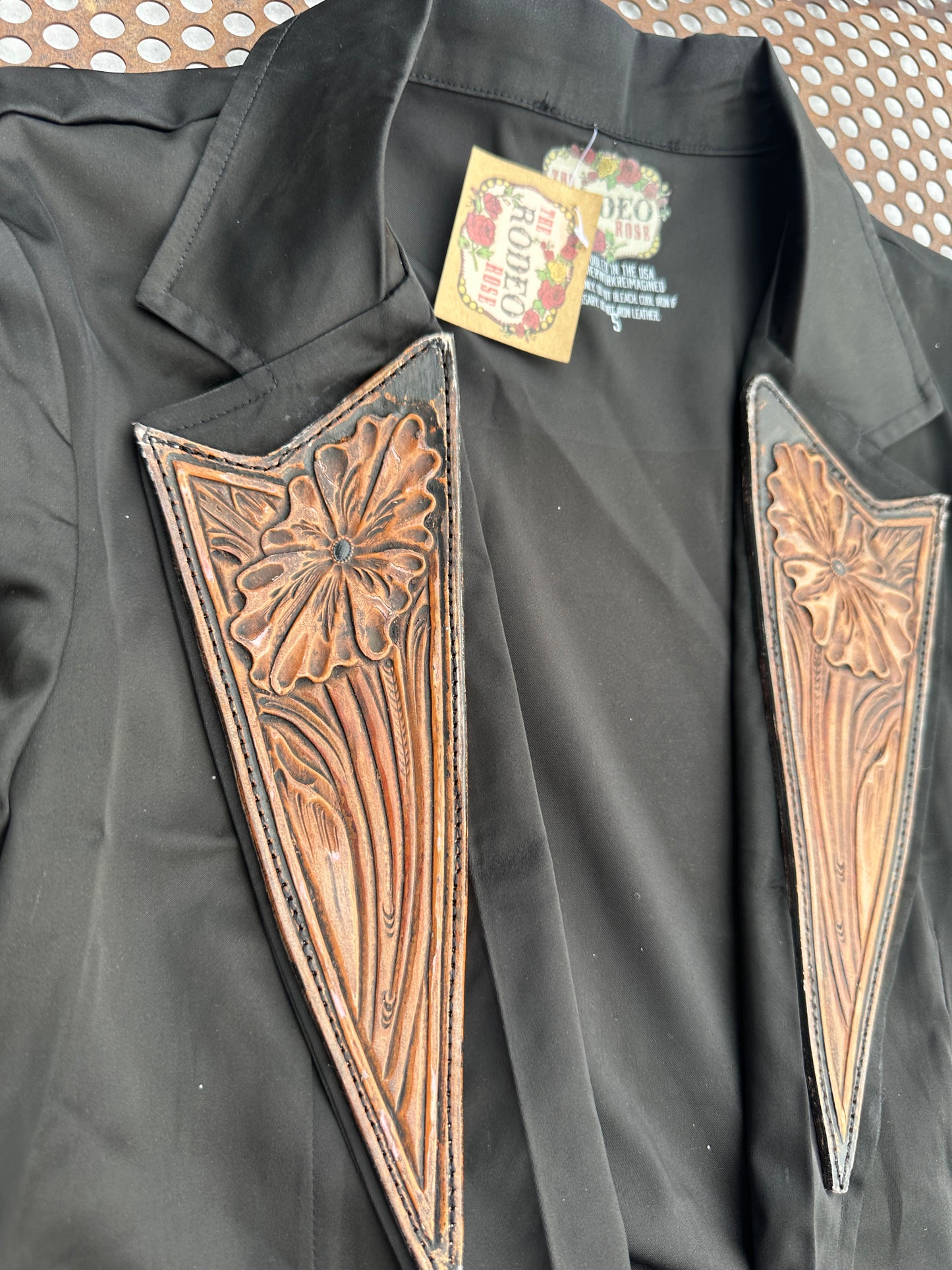 Hand tooled distressed lapel blazer in black satin