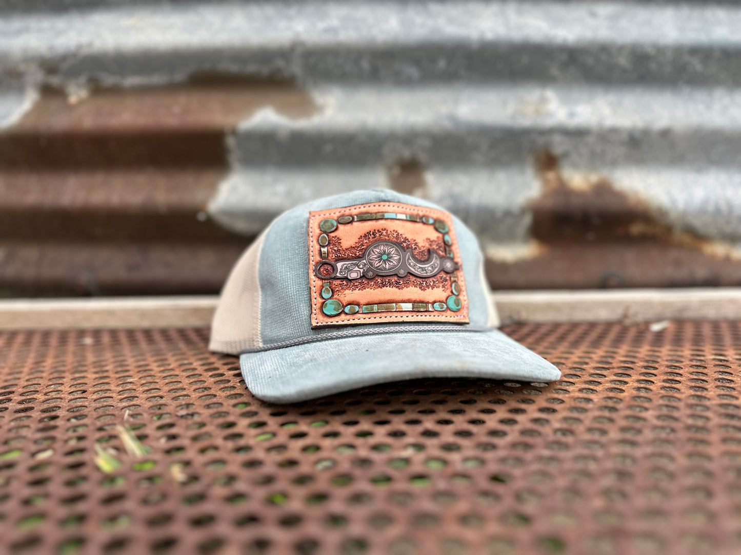 *One of a Kind* Bridle Bit Hand Tooled Leather Patch Corduroy Cap