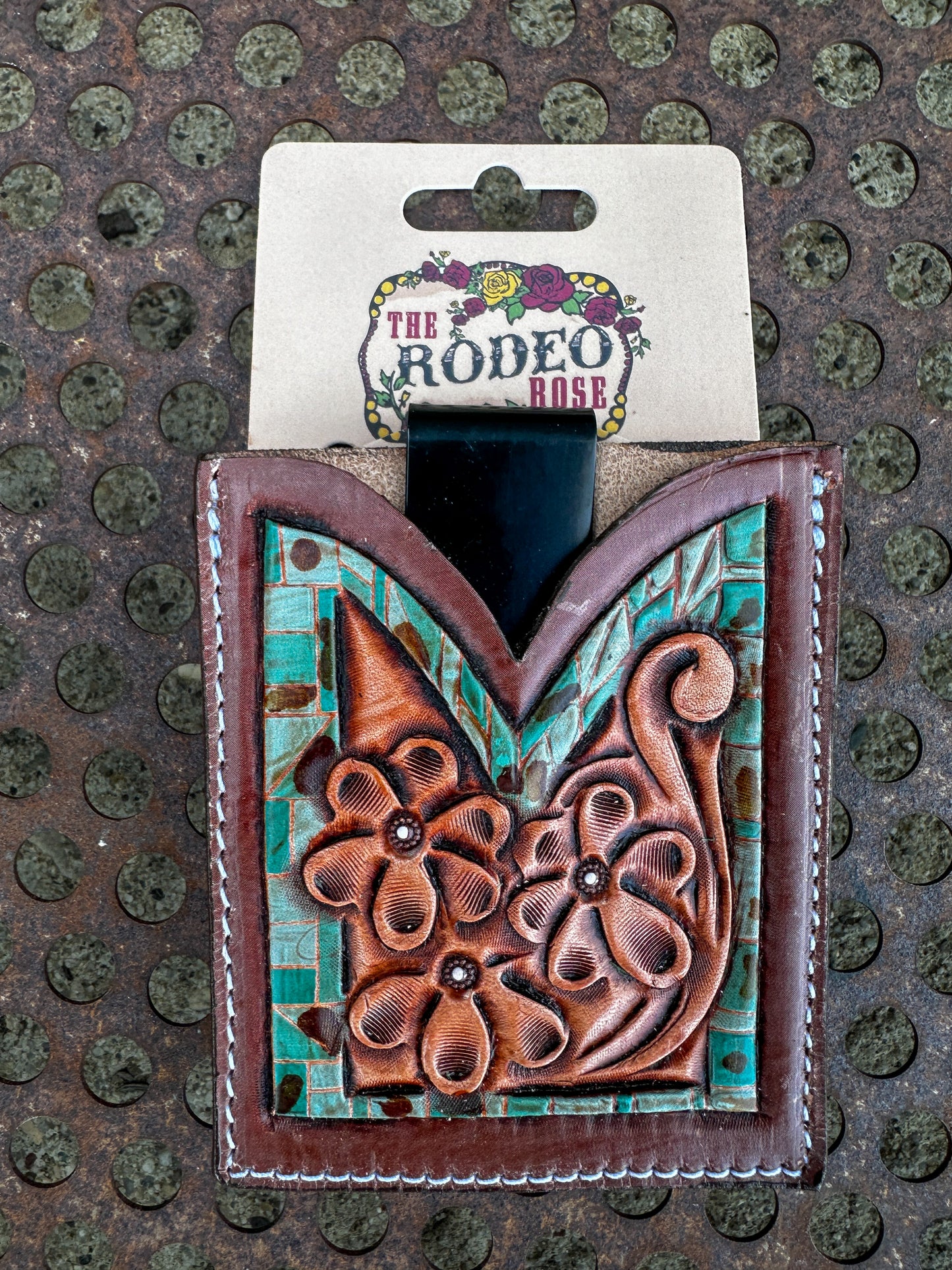 Hand Tooled Leather Boot Wallet with Petite Flowers and Turquoise Border