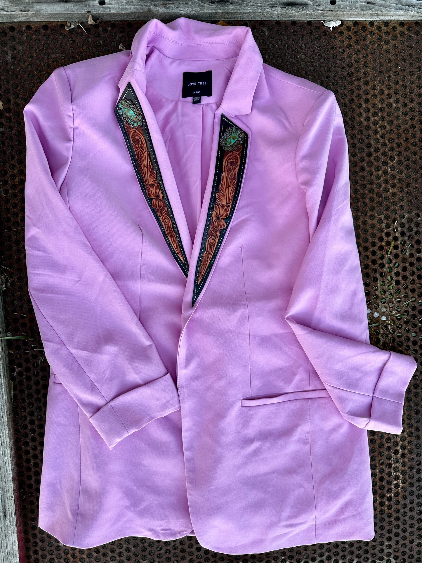 “Tough enough to wear PINK” hand tooled lapel blazer with turquoise