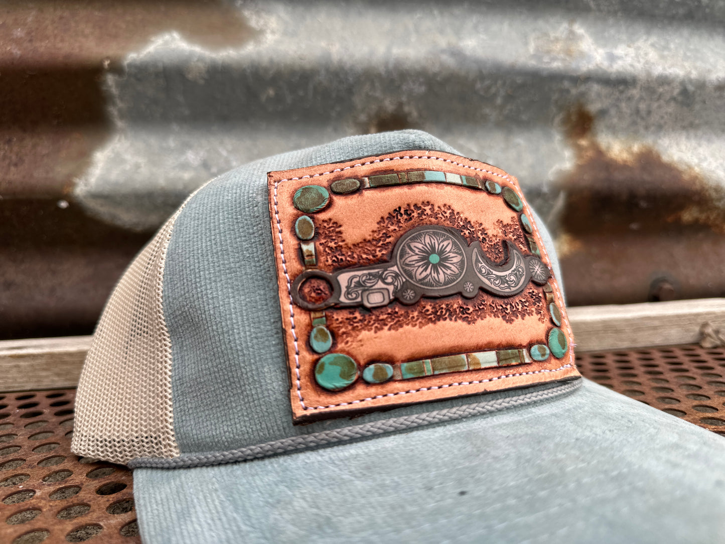 *One of a Kind* Bridle Bit Hand Tooled Leather Patch Corduroy Cap