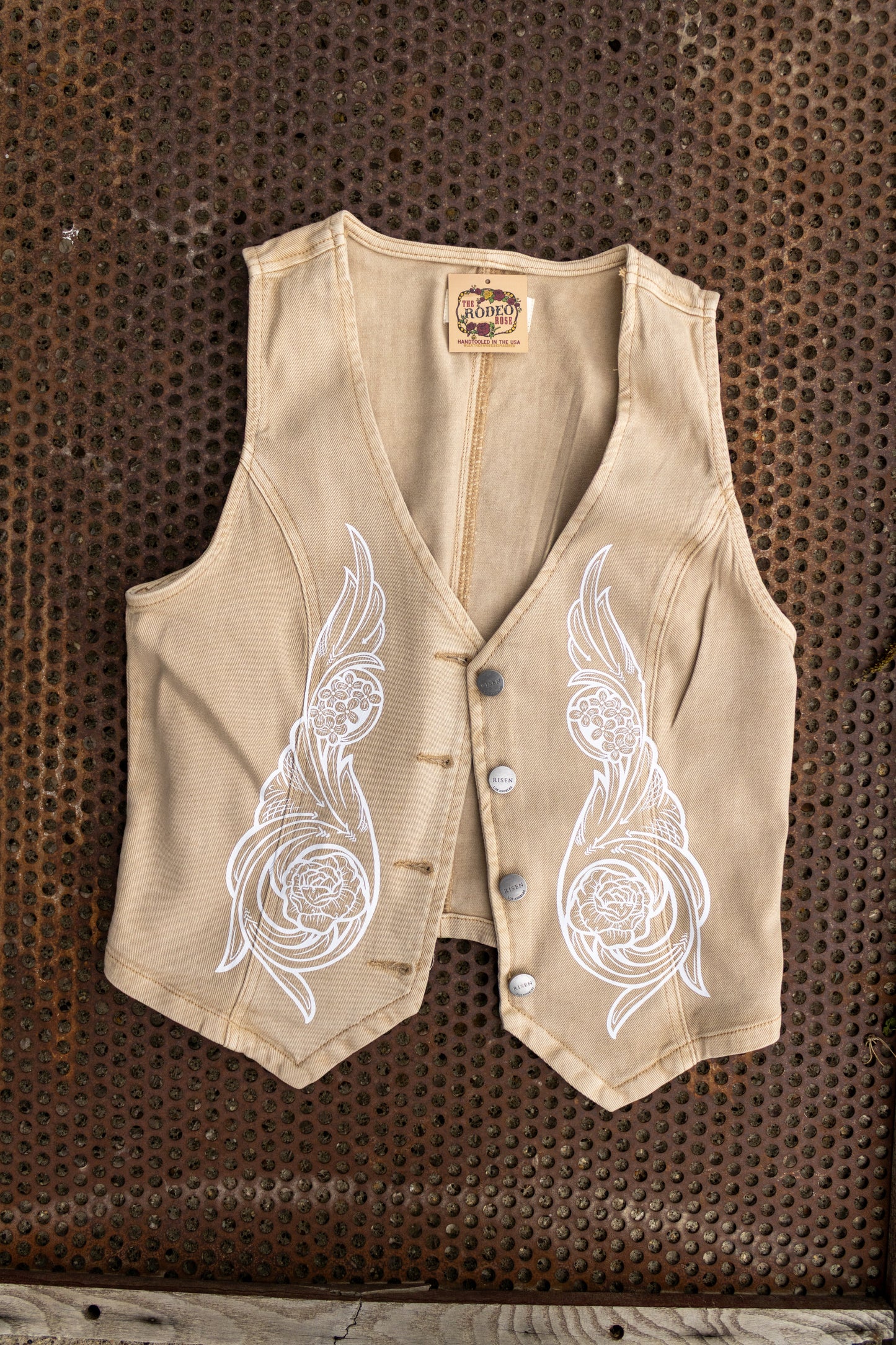 Hand Tooled Floral Scroll Pattern Printed Vest in Tan