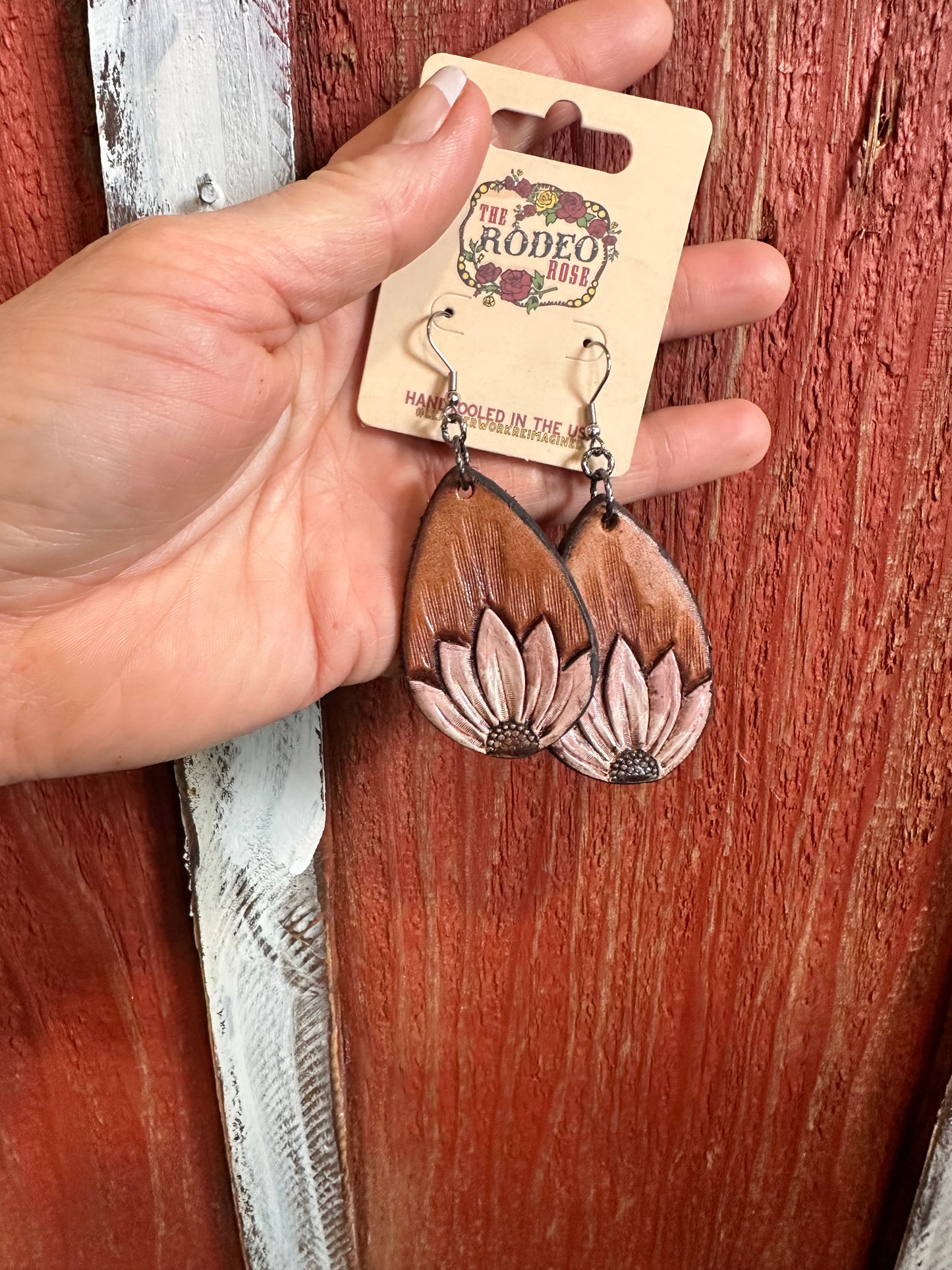 The Tad Handtooled Leather Earring in Spring Colors The Rodeo Rose