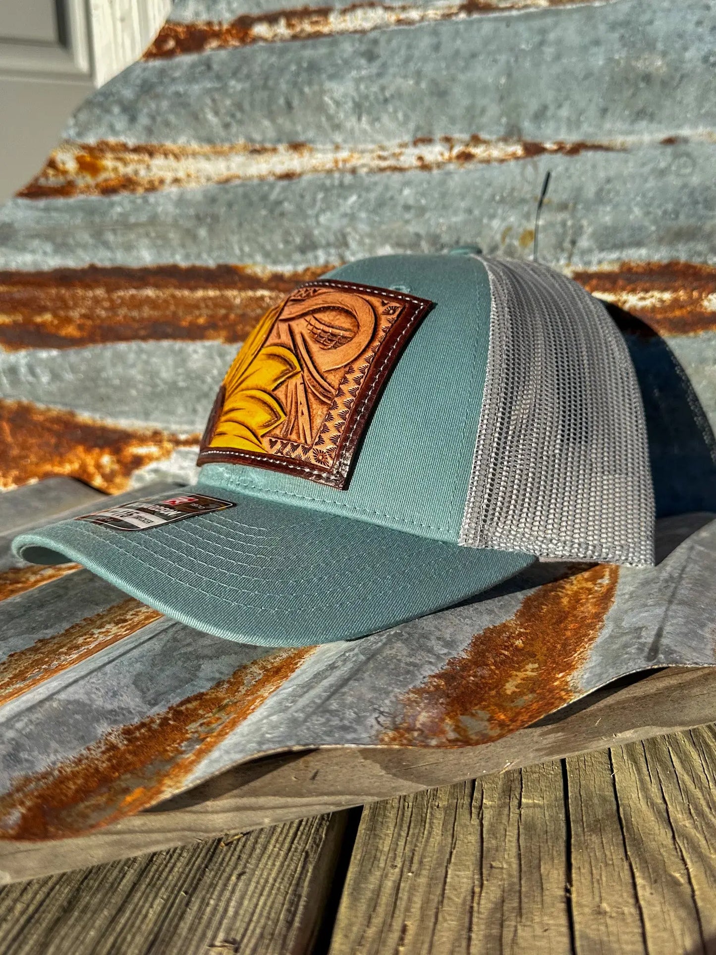 Sunflower and Southwest Handtooled Leather Patch Cap The Rodeo Rose