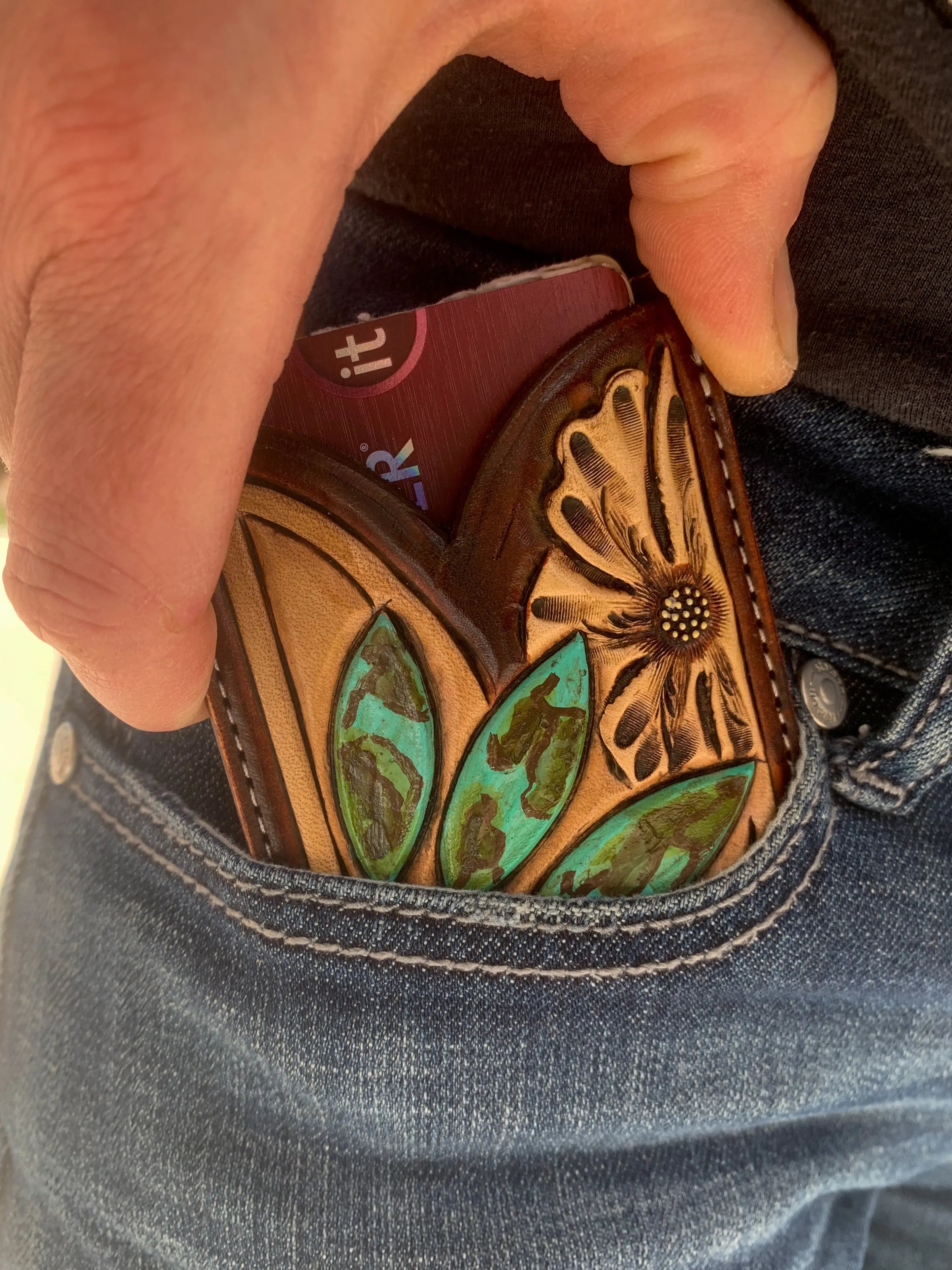 Front Pocket Hand Tooled Leather Wallet with Petite Flowers and Turquoise Border Antique Brown