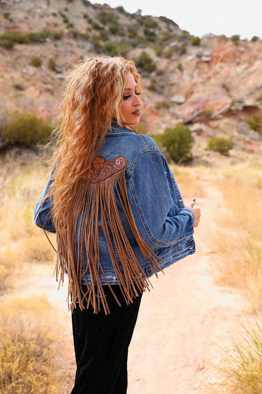 Handtooled Leather Denim Jacket in Brown and Golden Tan with Xtra Long Fringe The Rodeo Rose