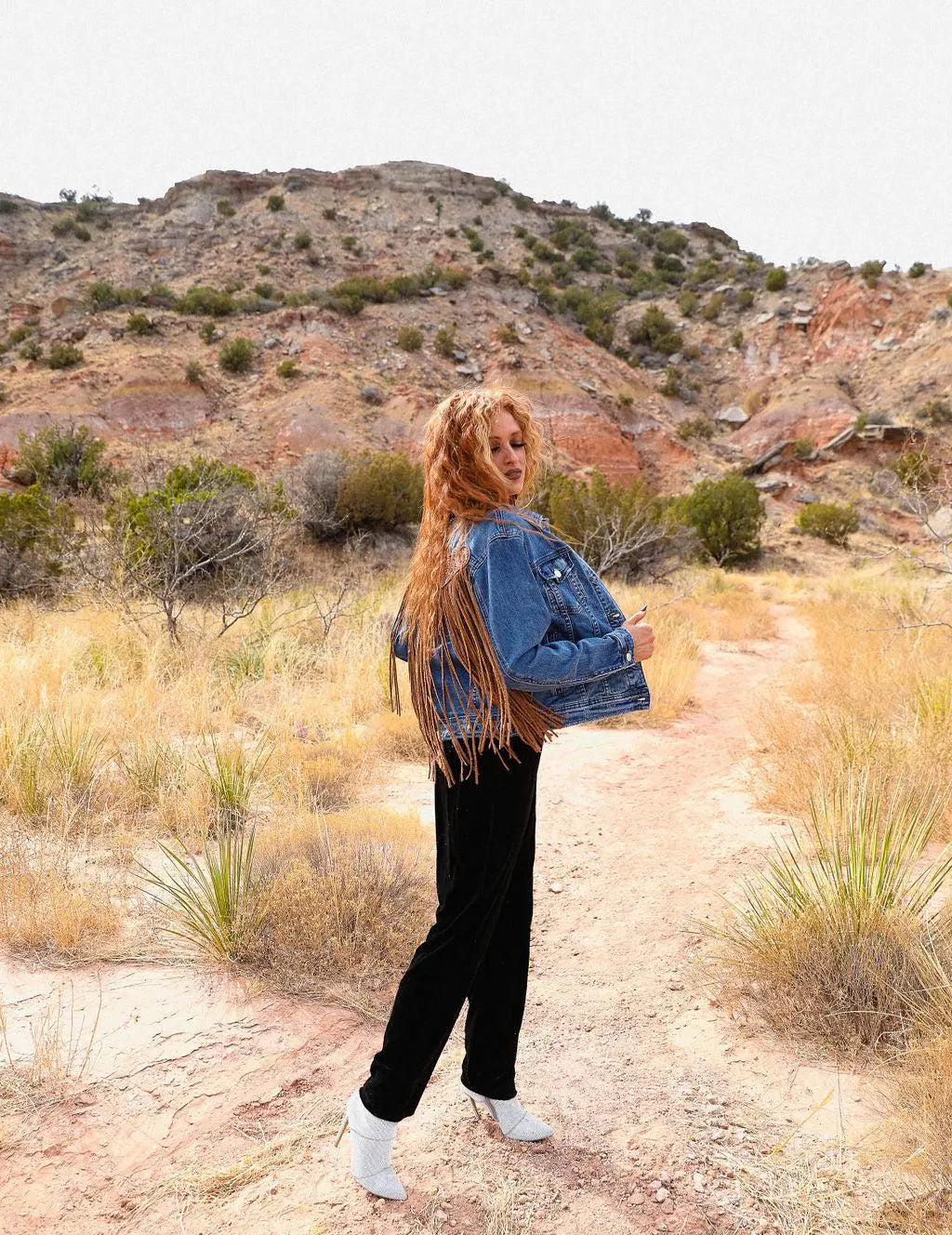 Handtooled Leather Denim Jacket in Brown and Golden Tan with Xtra Long Fringe The Rodeo Rose