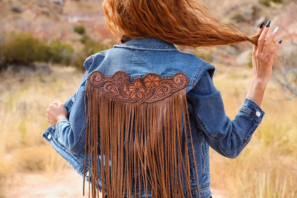 Handtooled Leather Denim Jacket in Brown and Golden Tan with Xtra Long Fringe The Rodeo Rose