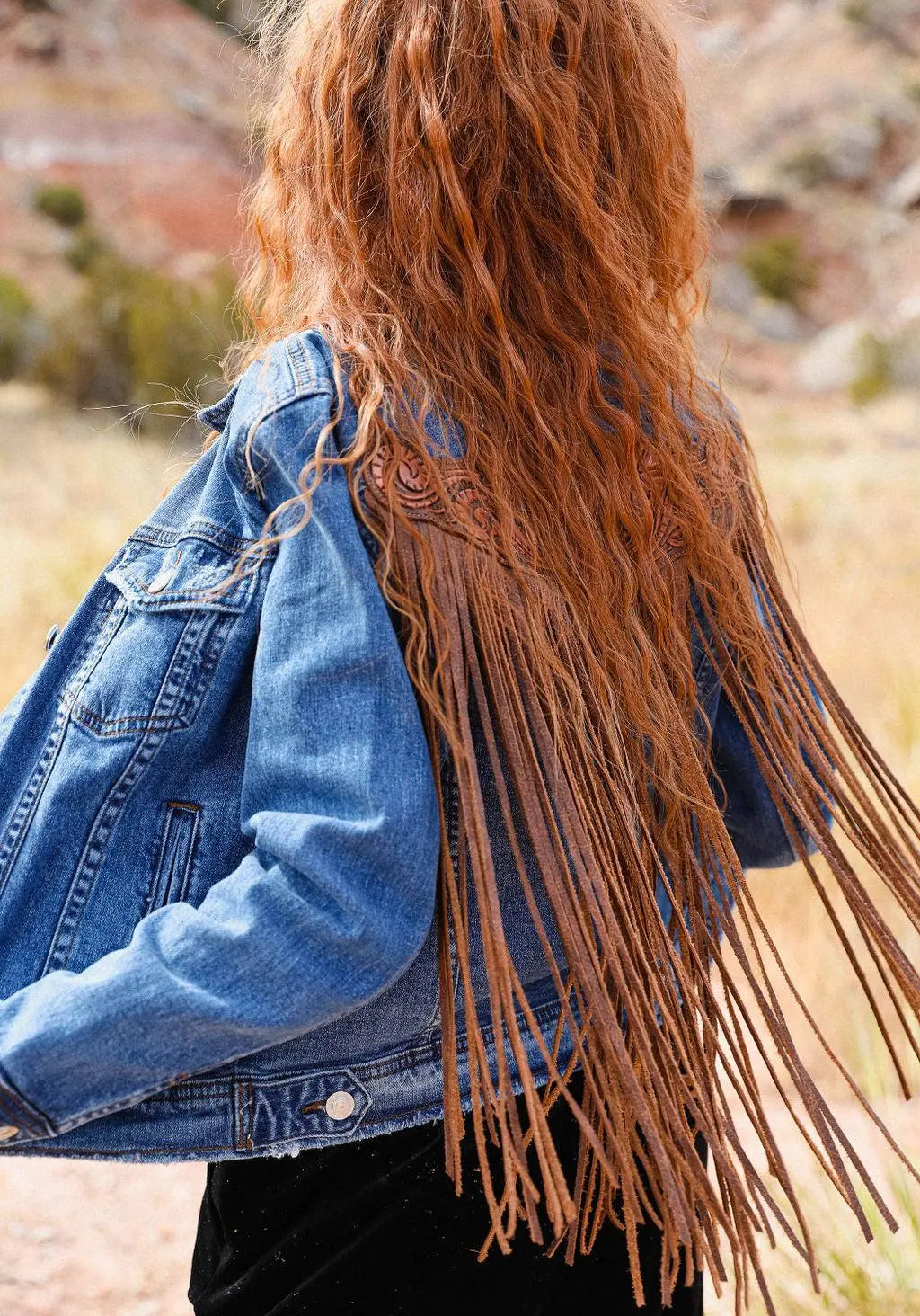 Handtooled Leather Denim Jacket in Brown and Golden Tan with Xtra Long Fringe The Rodeo Rose