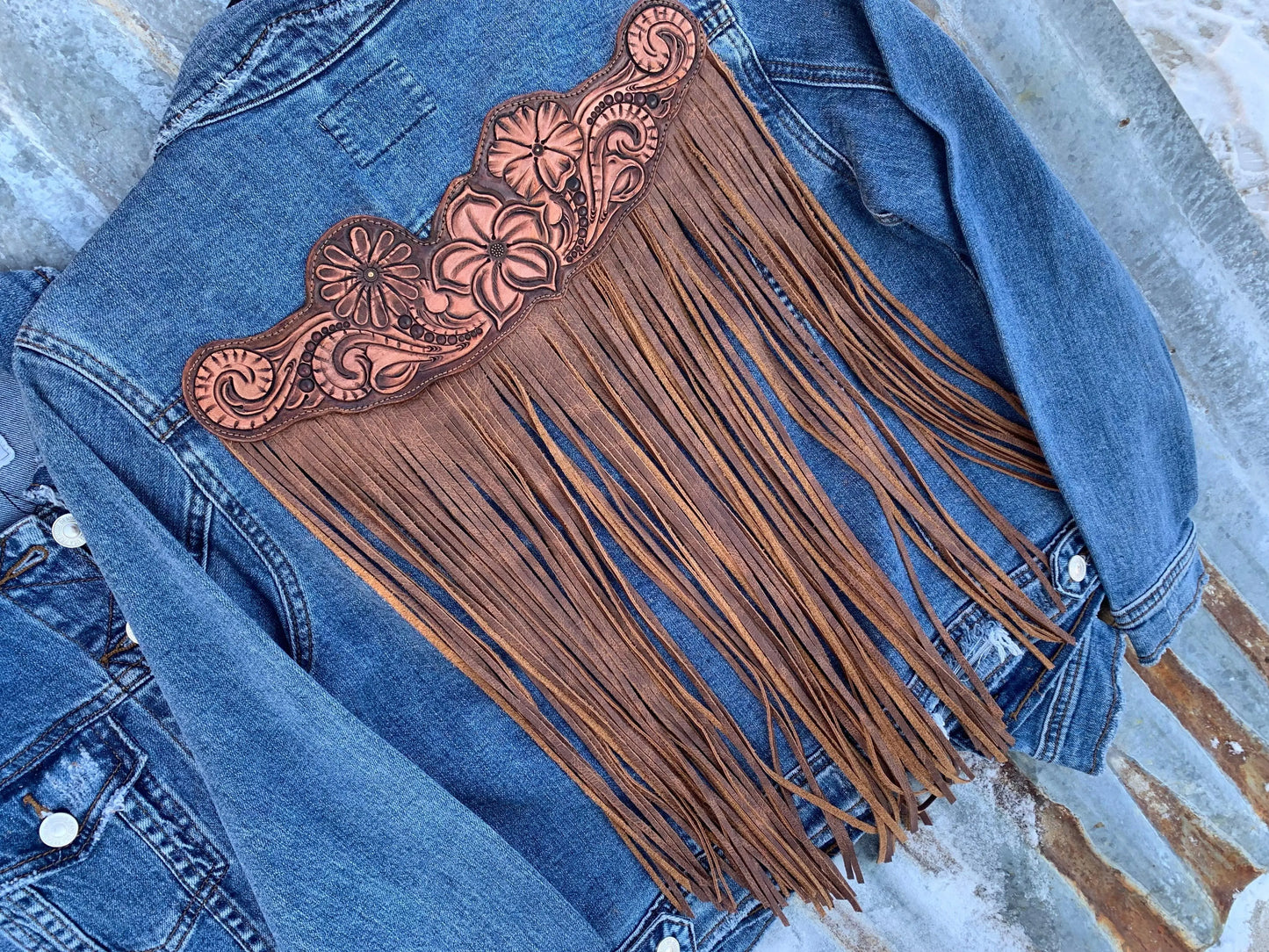 Handtooled Leather Denim Jacket in Brown and Golden Tan with Xtra Long Fringe The Rodeo Rose