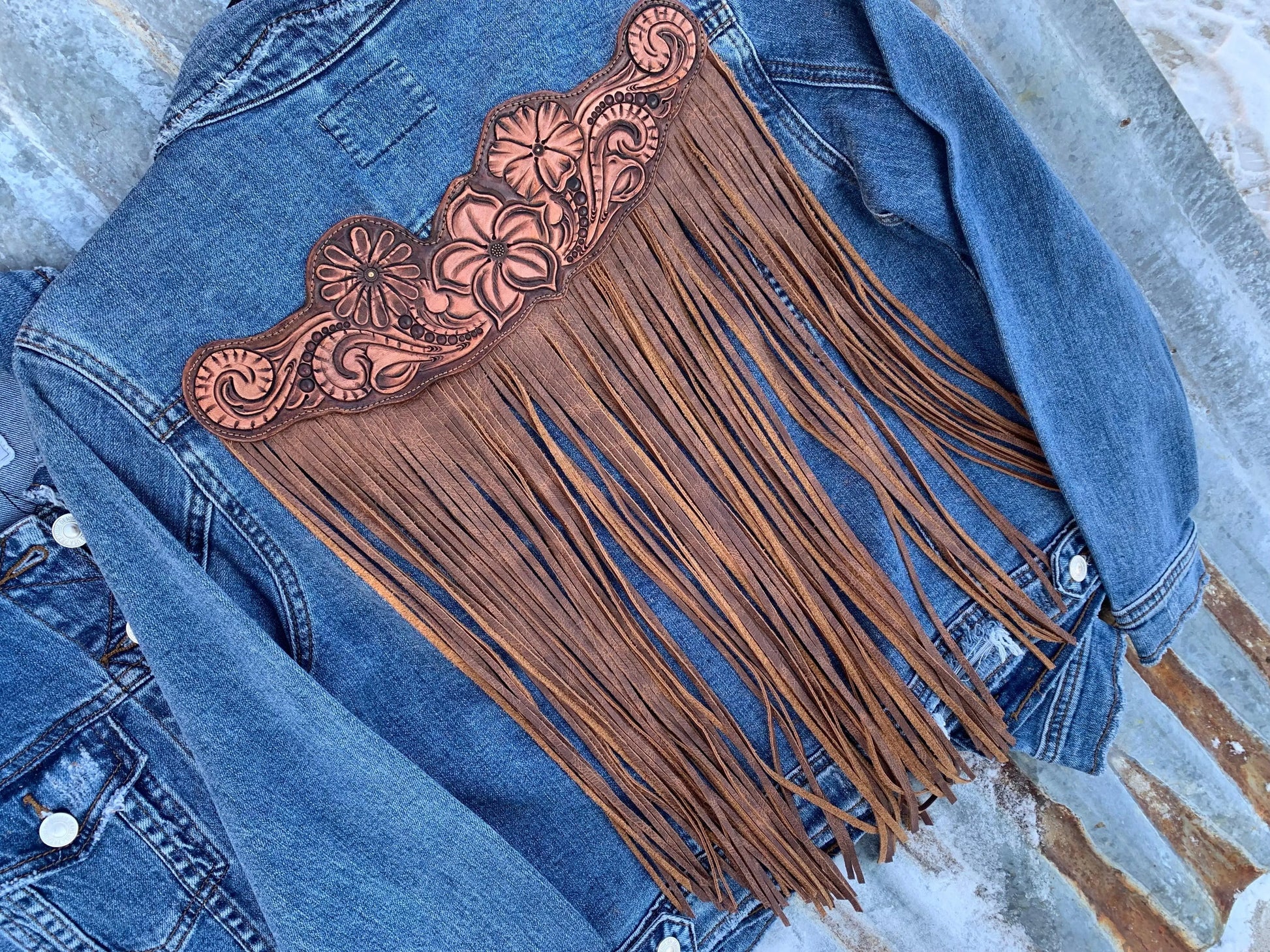 Handtooled Leather Denim Jacket in Brown and Golden Tan with Xtra Long Fringe The Rodeo Rose