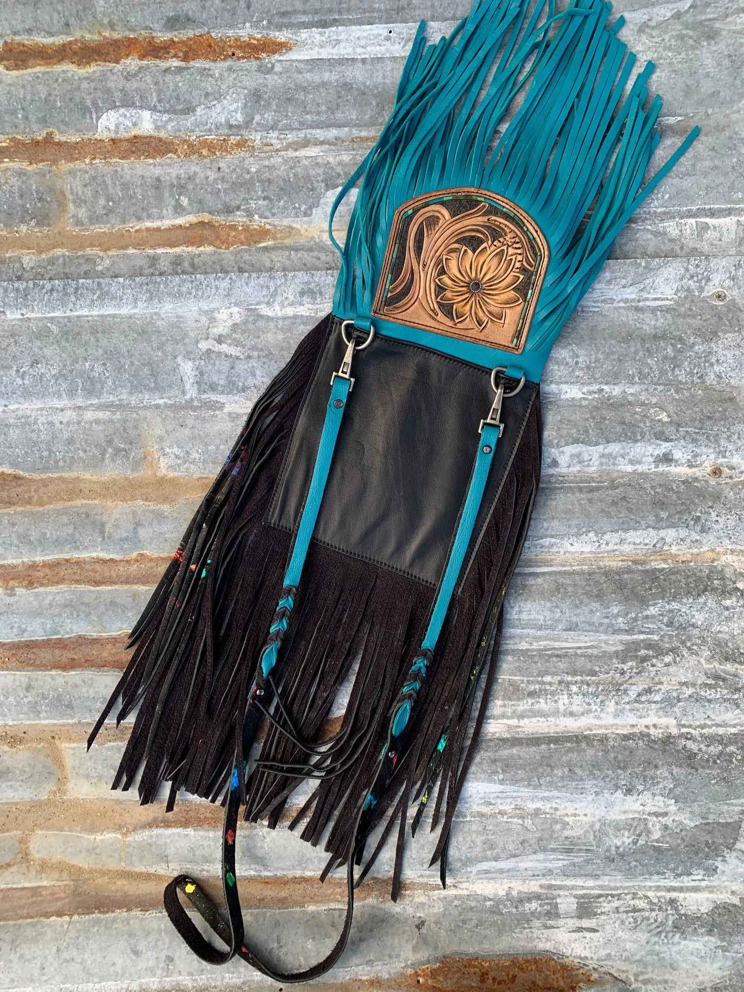The Arena Leather Fringe Purse with Hand Tooled Sunflower and Confetti Avid Wash Hair on Hide The Rodeo Rose