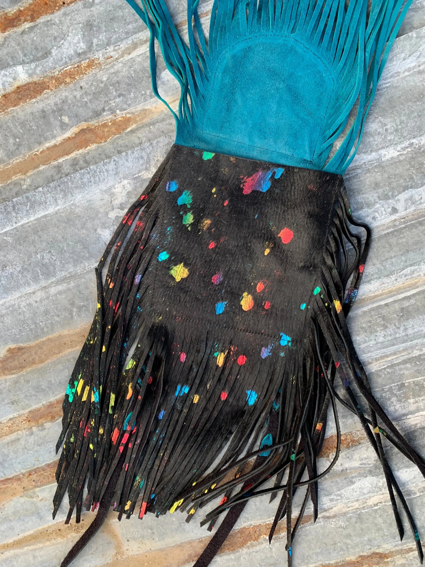 The Arena Leather Fringe Purse with Hand Tooled Sunflower and Confetti Avid Wash Hair on Hide The Rodeo Rose