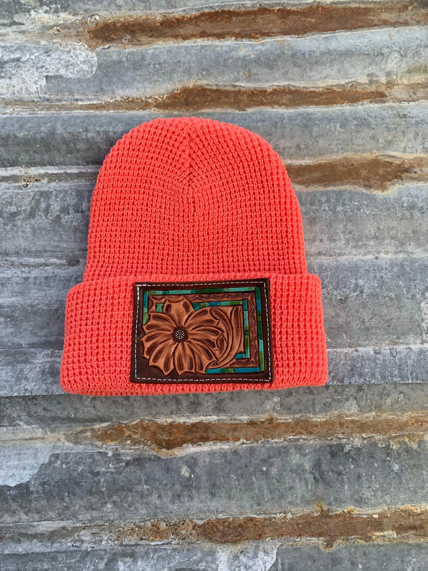 The Daisy Handtooled Leather Patch Beanie, Fitted in Turquoise and Southwest Border The Rodeo Rose