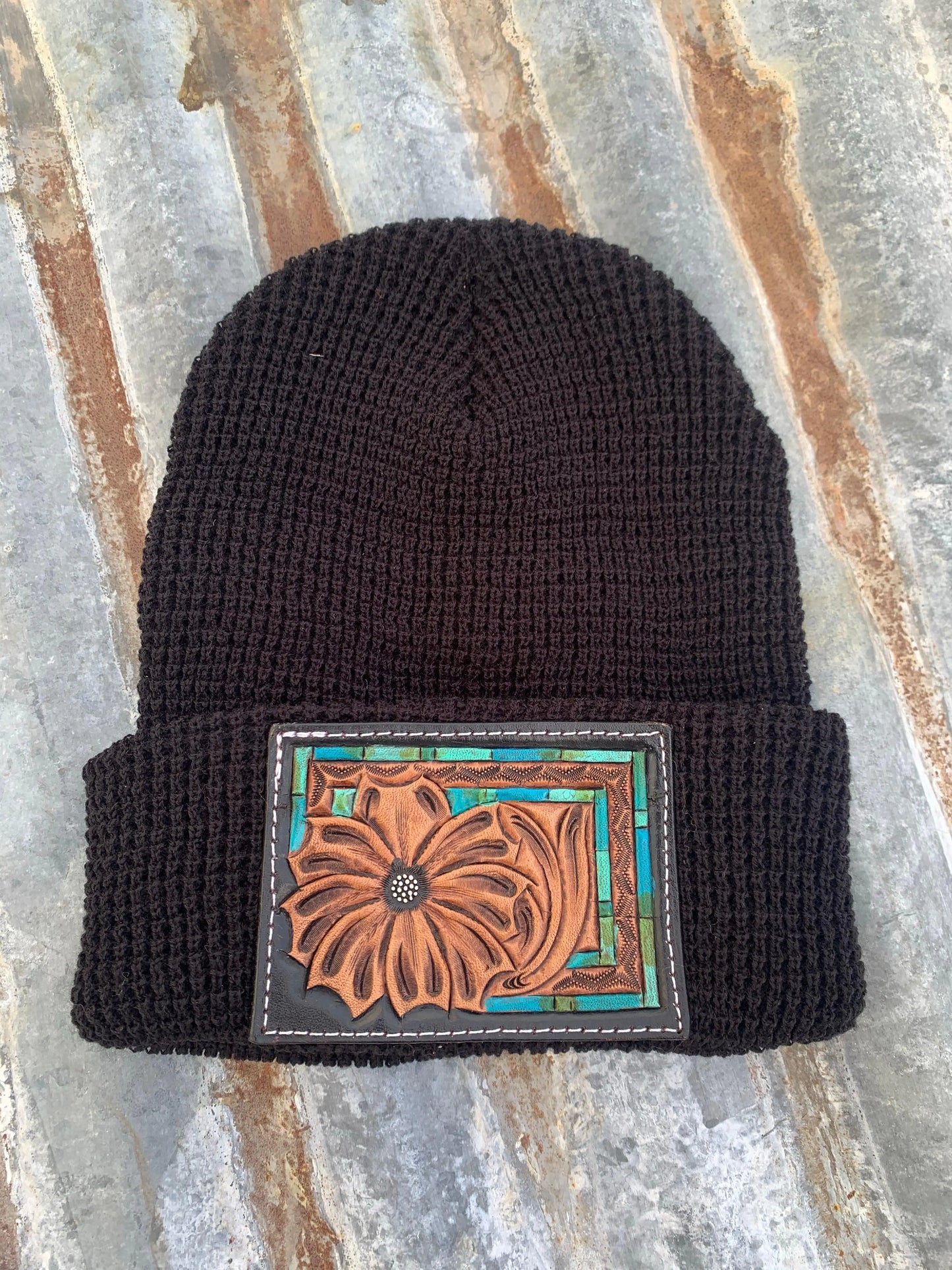 The Daisy Handtooled Leather Patch Beanie, Fitted in Turquoise and Southwest Border The Rodeo Rose