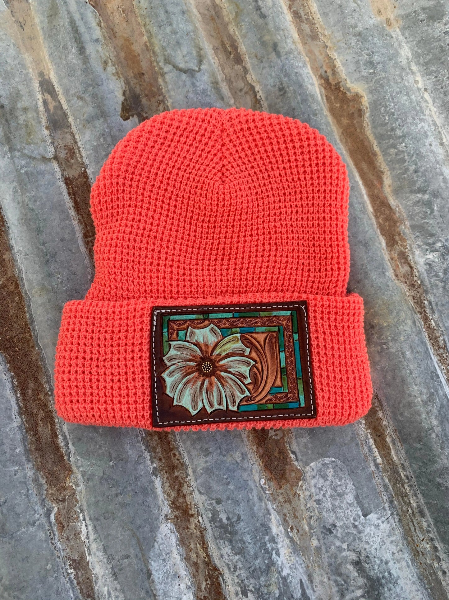 The Daisy Handtooled Leather Patch Beanie, Fitted in Turquoise and Southwest Border The Rodeo Rose