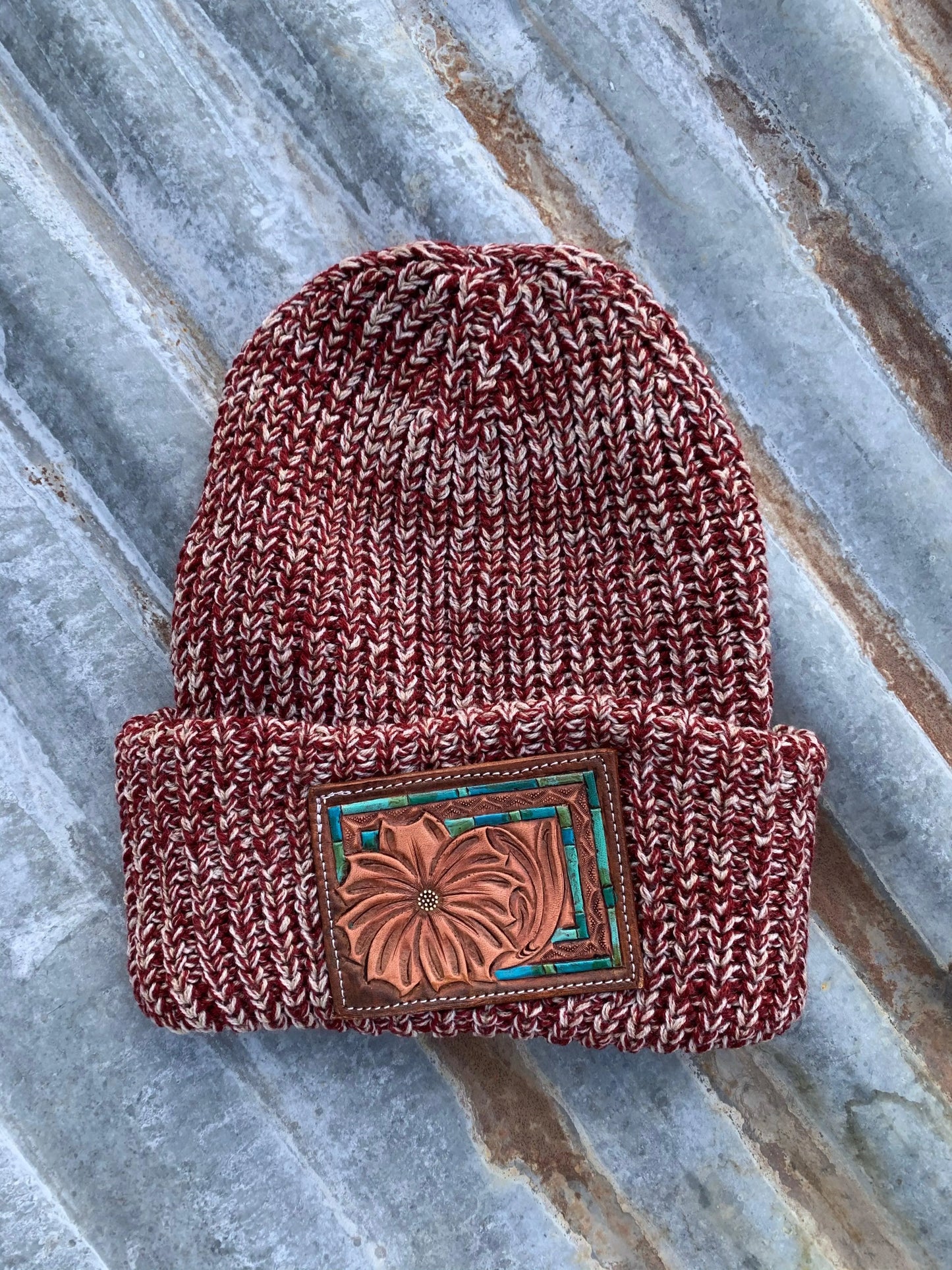 The Daisy Handtooled Leather Patch Beanie, Oversized in Turquoise and Southwest Border The Rodeo Rose