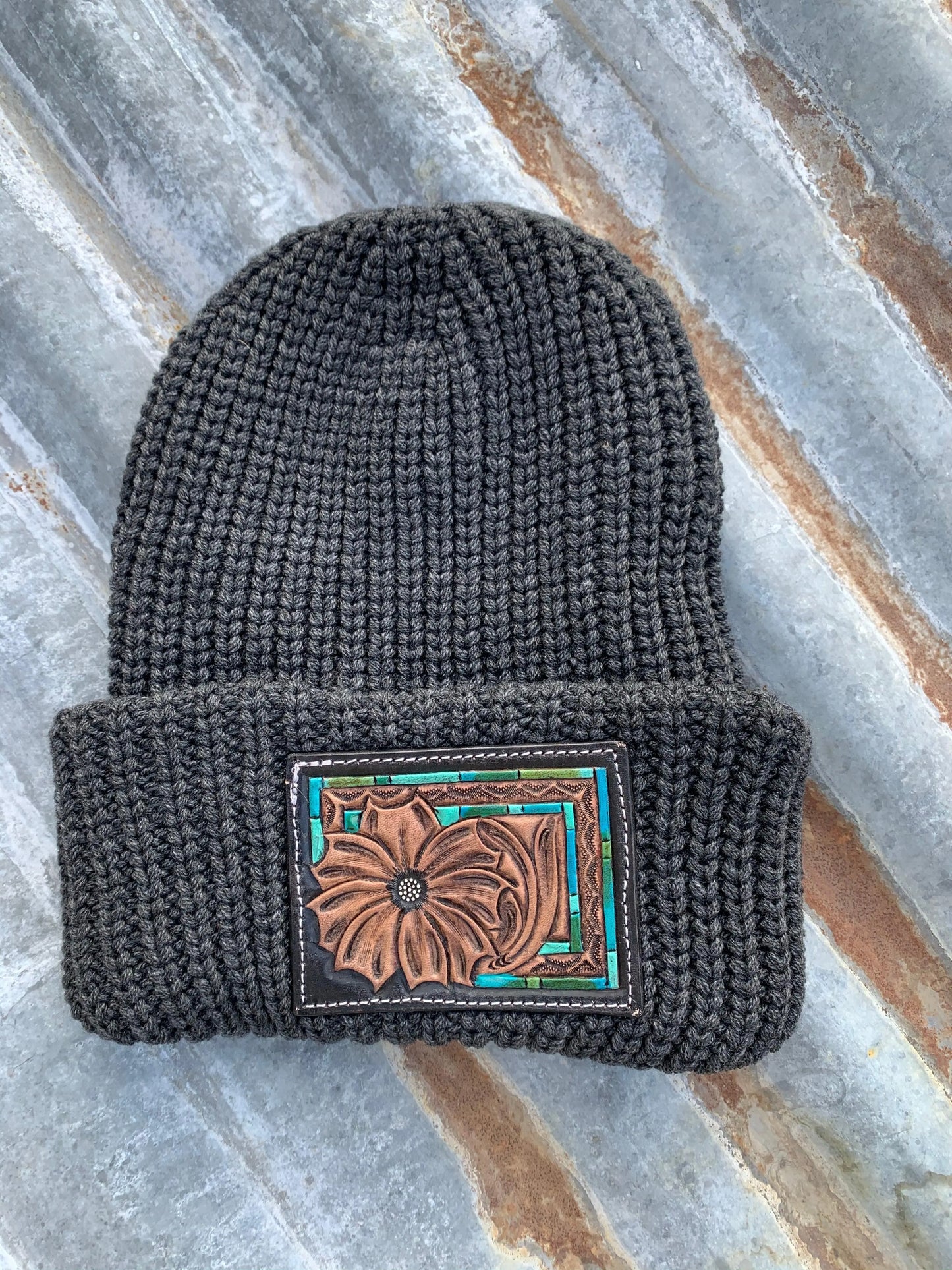 The Daisy Handtooled Leather Patch Beanie, Oversized in Turquoise and Southwest Border The Rodeo Rose