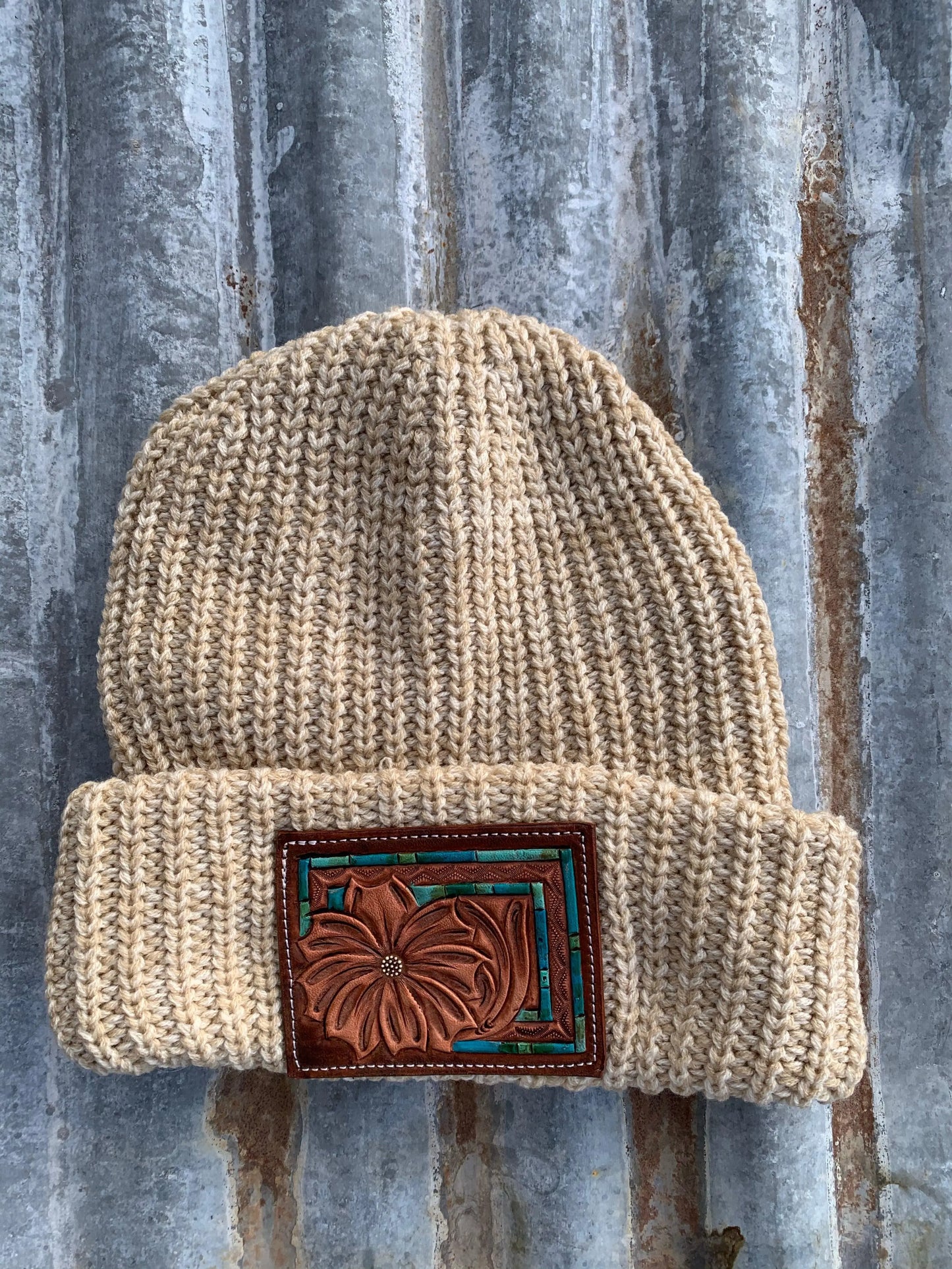 The Daisy Handtooled Leather Patch Beanie, Oversized in Turquoise and Southwest Border The Rodeo Rose