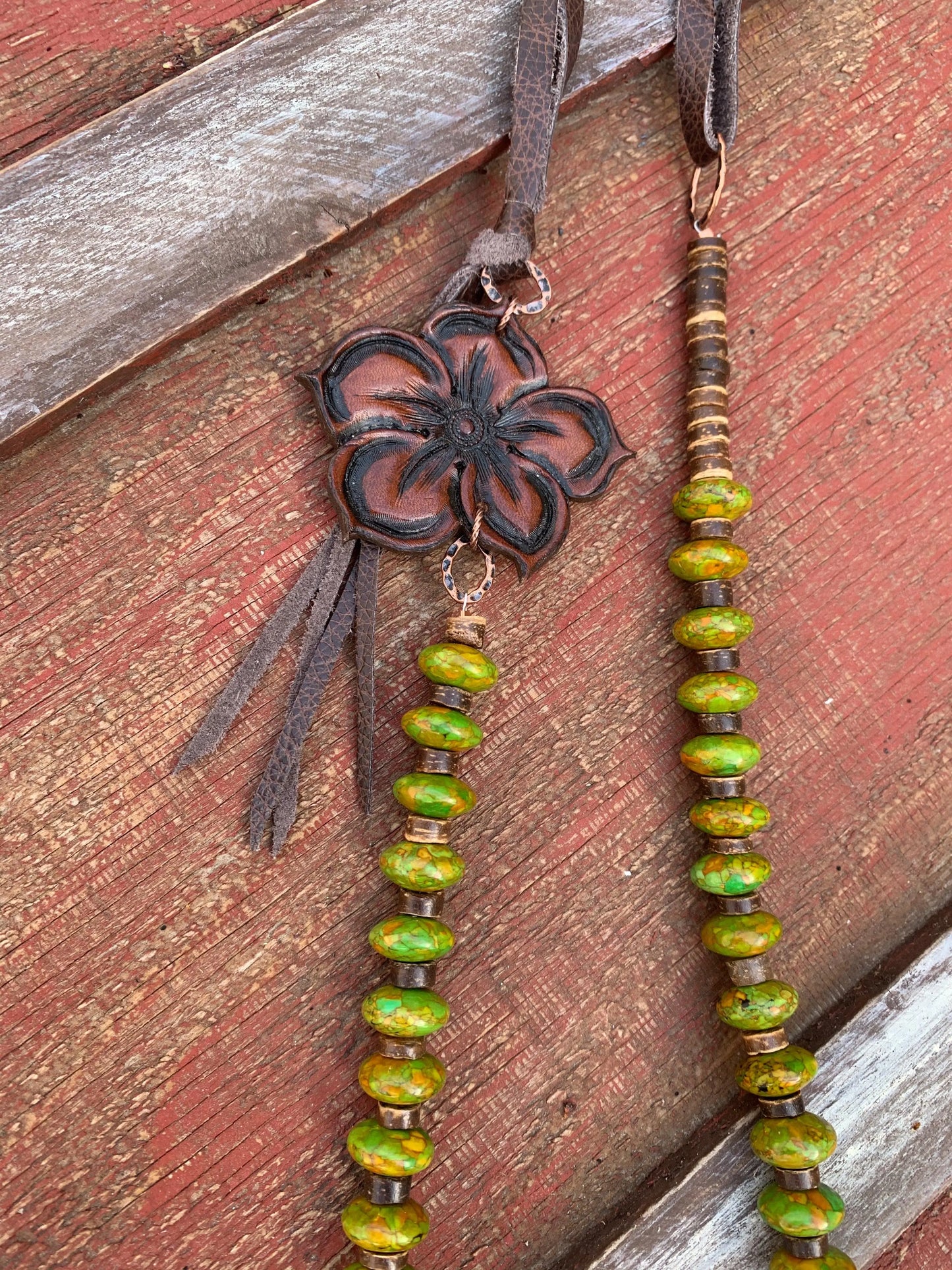 The Lucille Necklace in Green turquoise and Dark Brown Pendant The Rodeo Rose