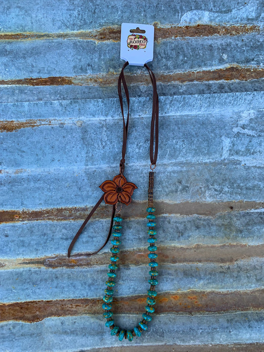 The Lucille Necklace with Hand Tooled Leather Pansy Pendant The Rodeo Rose