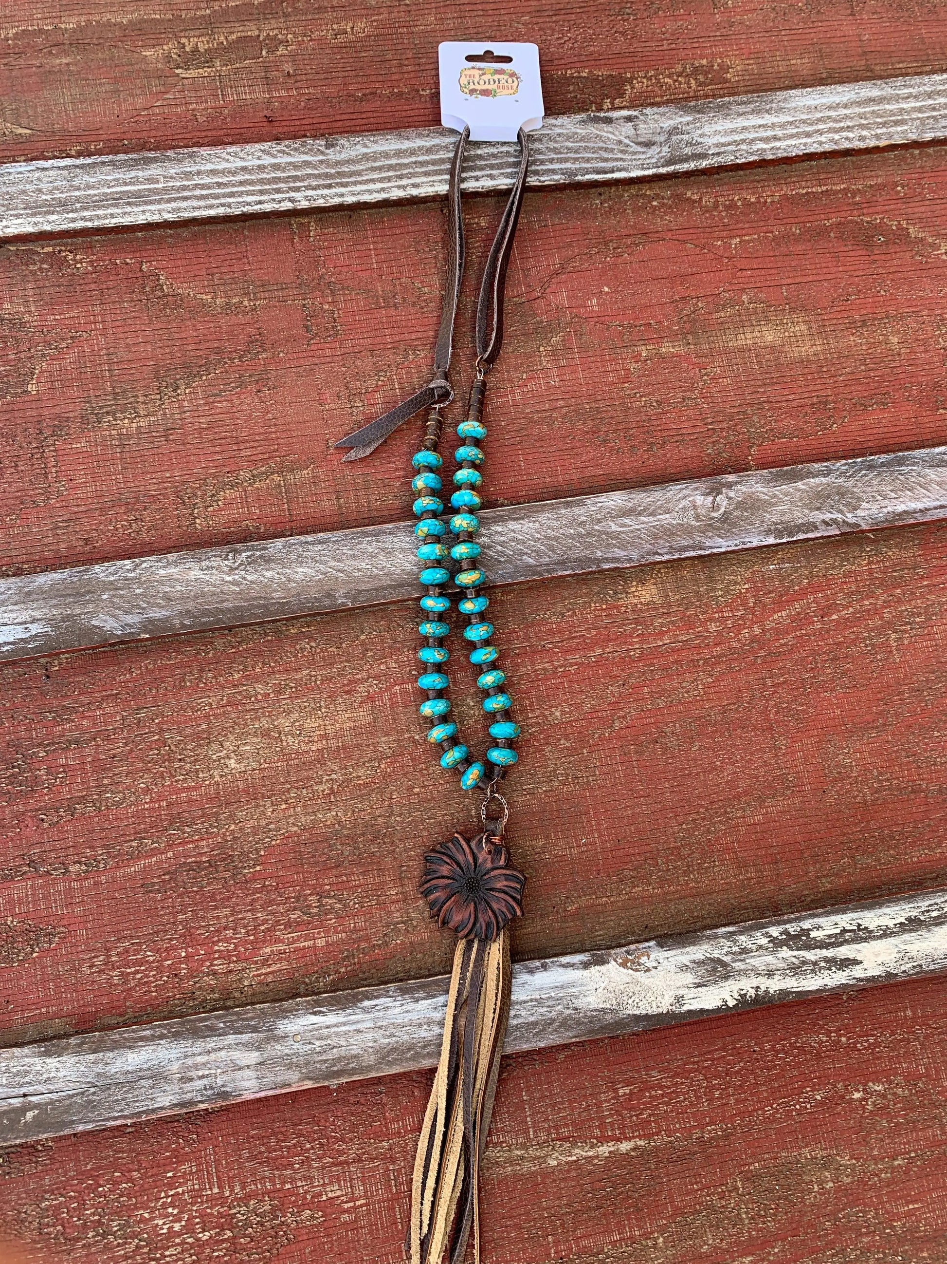 The Mabel Necklace in Blue Turquoise with Hand Tooled Pendant The Rodeo Rose