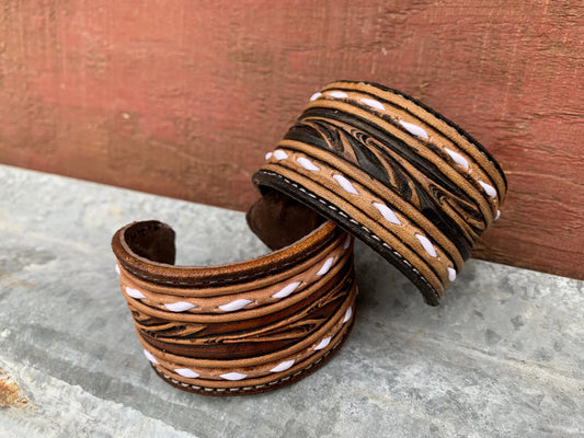 The Vear Hand Tooled leather Cuff Bracelet with Buckstitching The Rodeo Rose