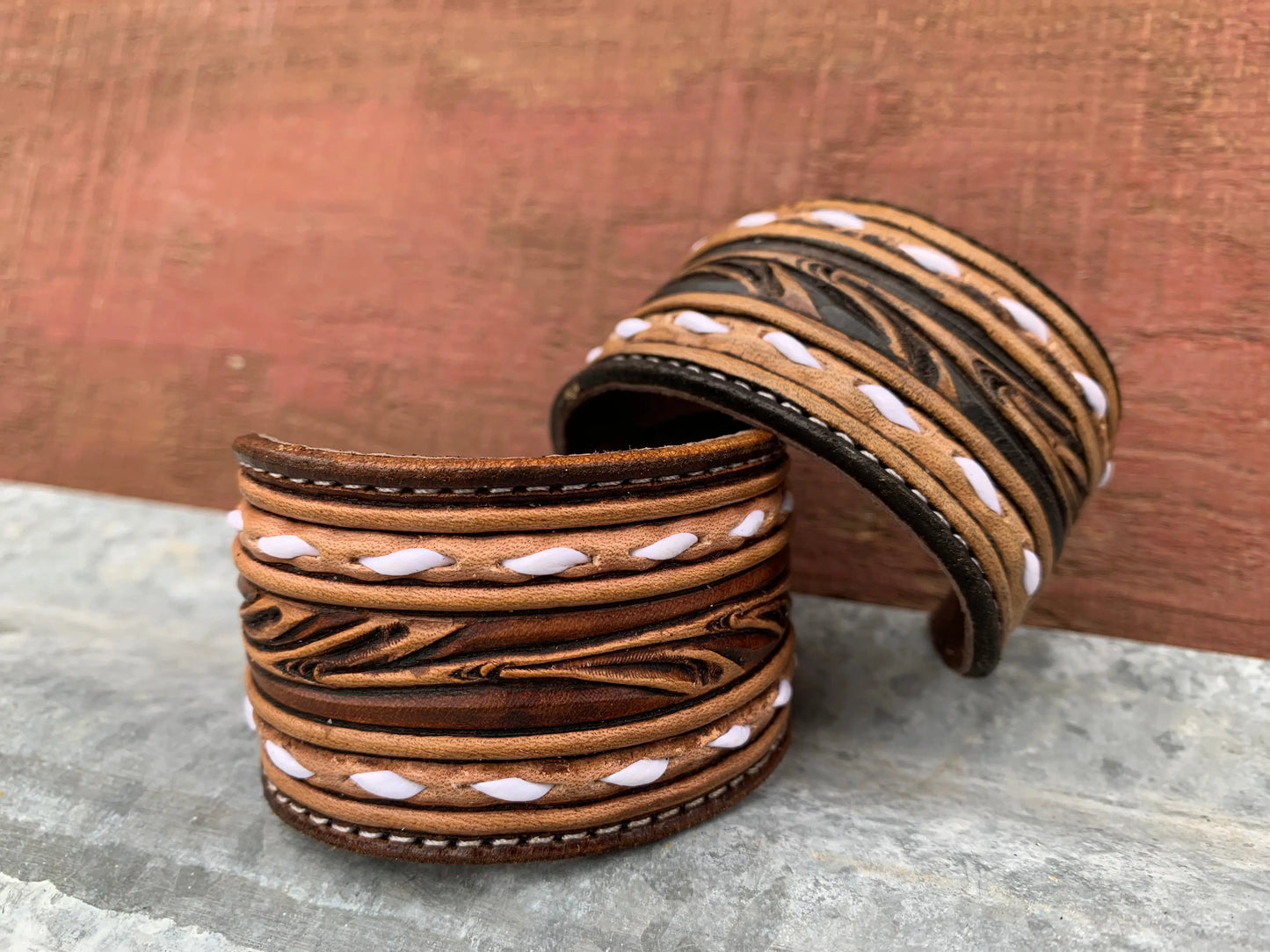 The Vear Hand Tooled leather Cuff Bracelet with Buckstitching The Rodeo Rose