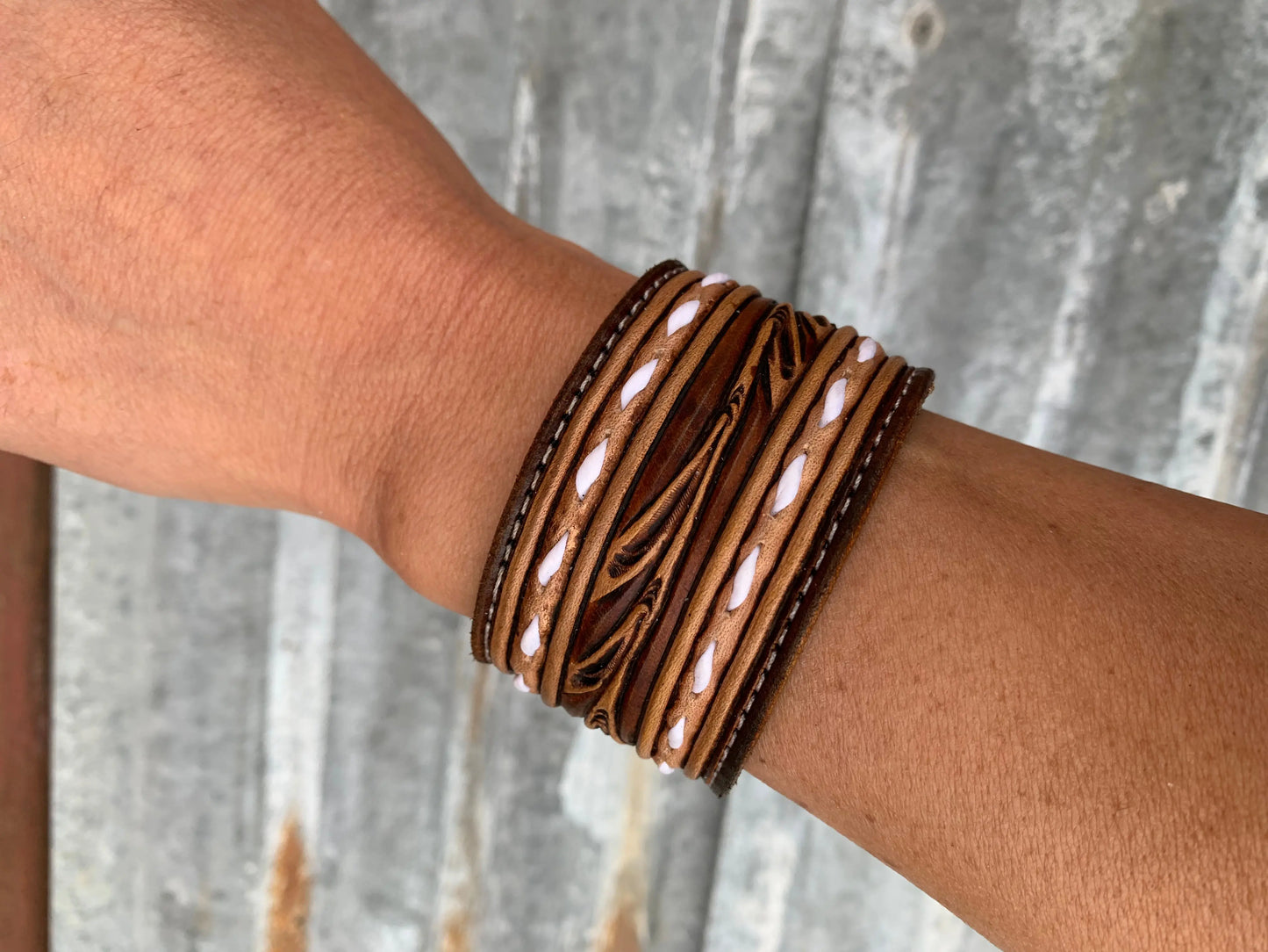 The Vear Hand Tooled leather Cuff Bracelet with Buckstitching The Rodeo Rose