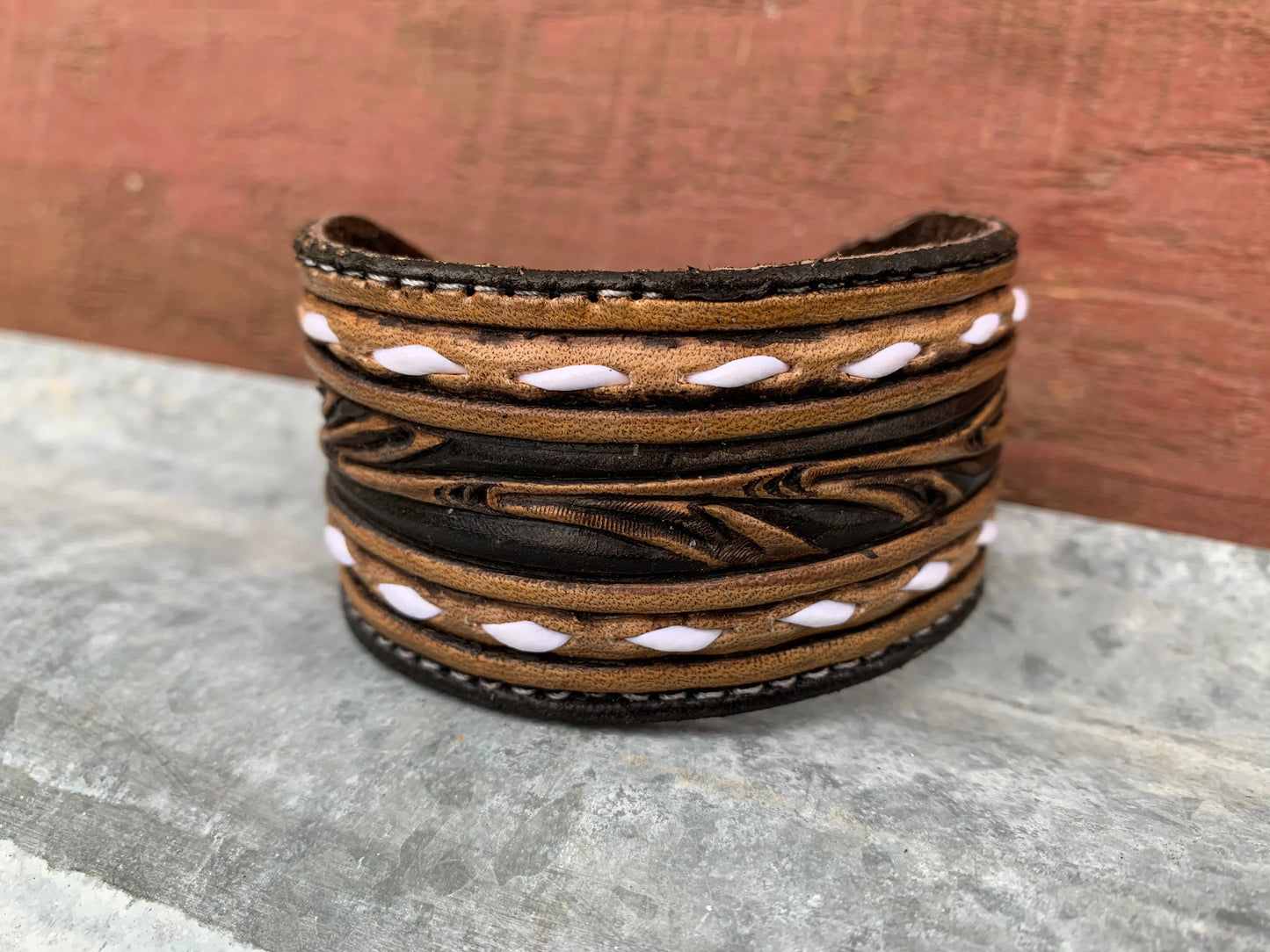 The Vear Hand Tooled leather Cuff Bracelet with Buckstitching The Rodeo Rose